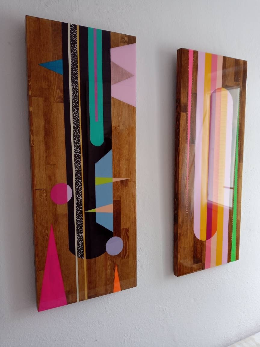 Contemporary Epoxy Resin Wall Art Decor,Wooden Geometric Modern Unique Glamorous Colorful Abstract Luxury Living Room Funky Wall Art Design