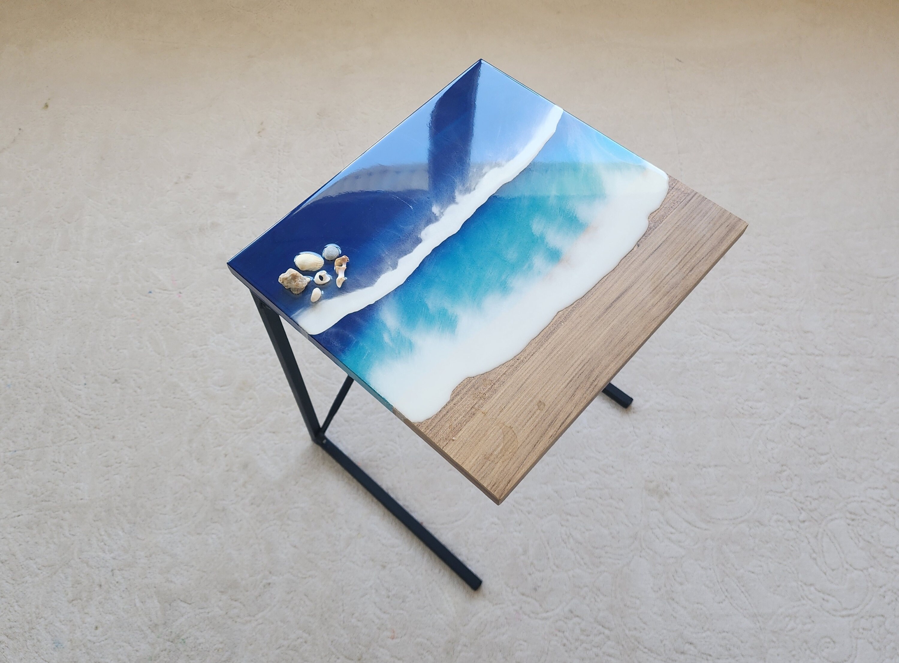 Small C Shape Ocean Wave Epoxy Resin Couch Table, Modern Nautical Sofa Side Sea End Table, Coastal Seashell Beach Snack Art Coffee Table