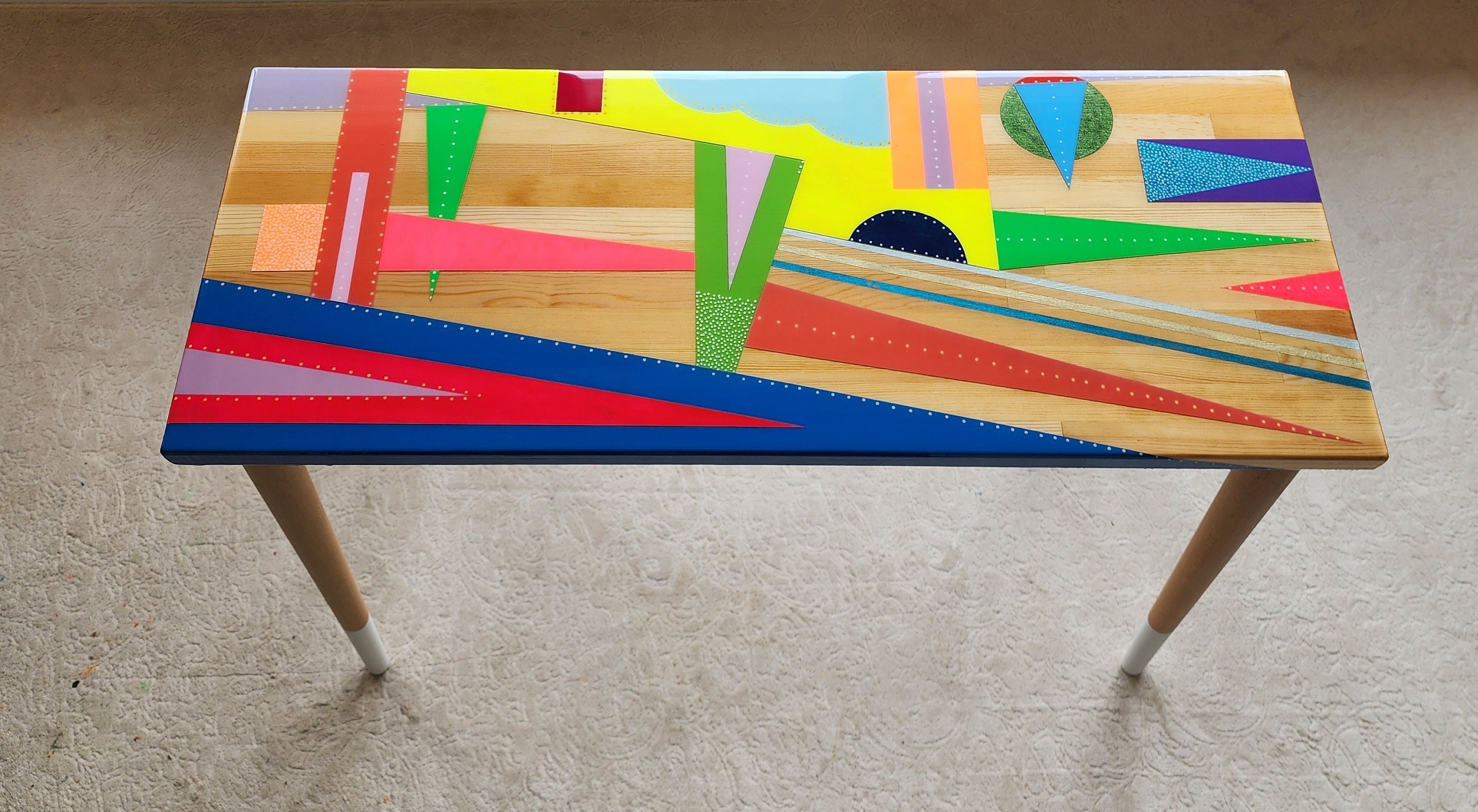 Colorful Funky Abstract Vintage Resin Table, Groovy Vibrant Wood Rainbow Pink Retro End Side Living Room Cool Epoxy Center Art Coffee Table