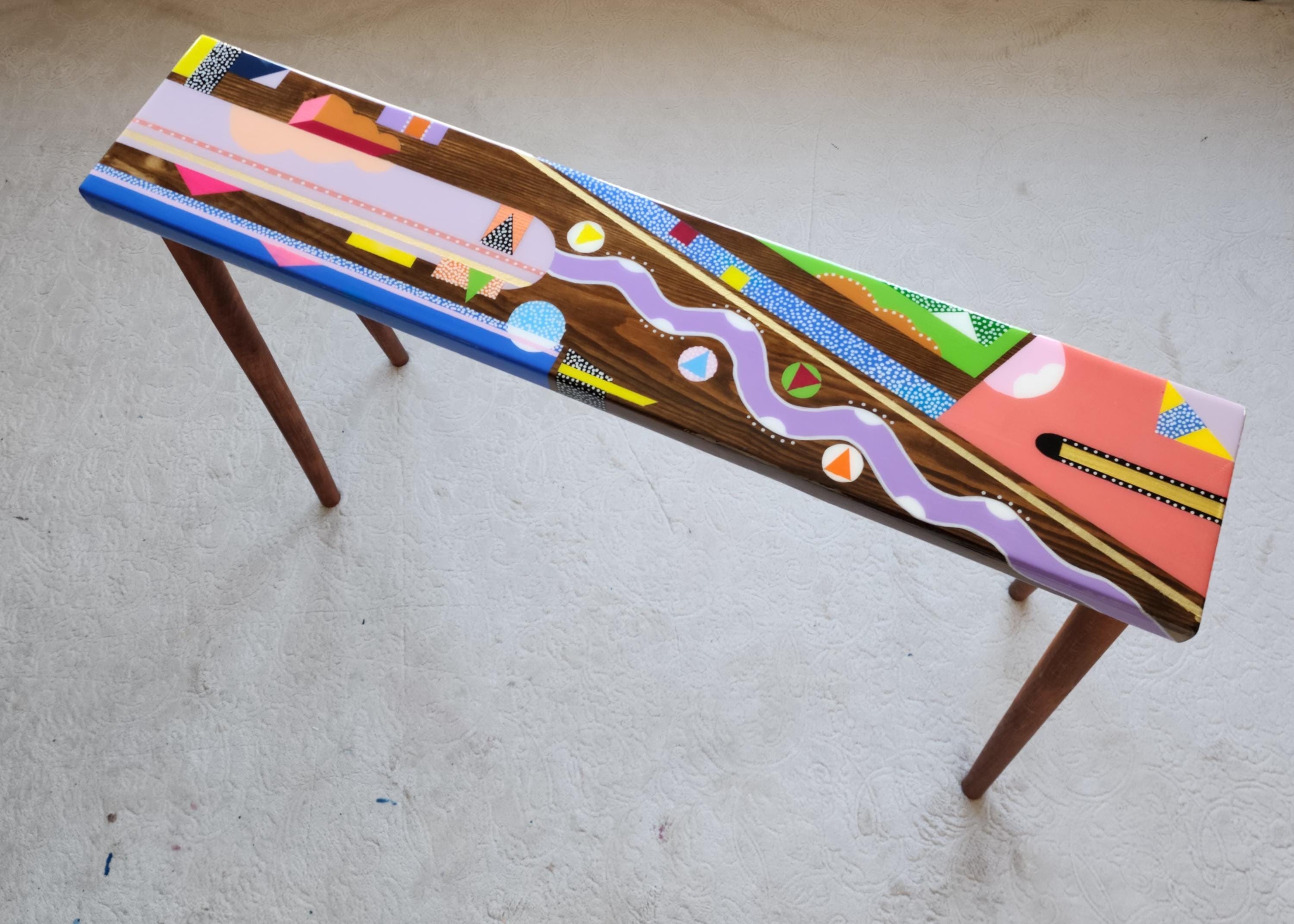 Unusual Handmade Colorful Resin Console Table,Narrow Abstract Epoxy Side Coffee Table, Funky Modern Cool Eclectic Retro Pop Art Coffee Table