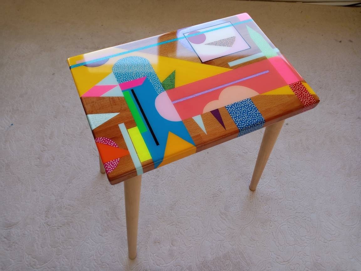 Wooden Resin Boho Side Funky Coffee Table, Modern Handmade Cool Bedside Living Room Entryway End Sofa Middle Colorful Abstract Small Table