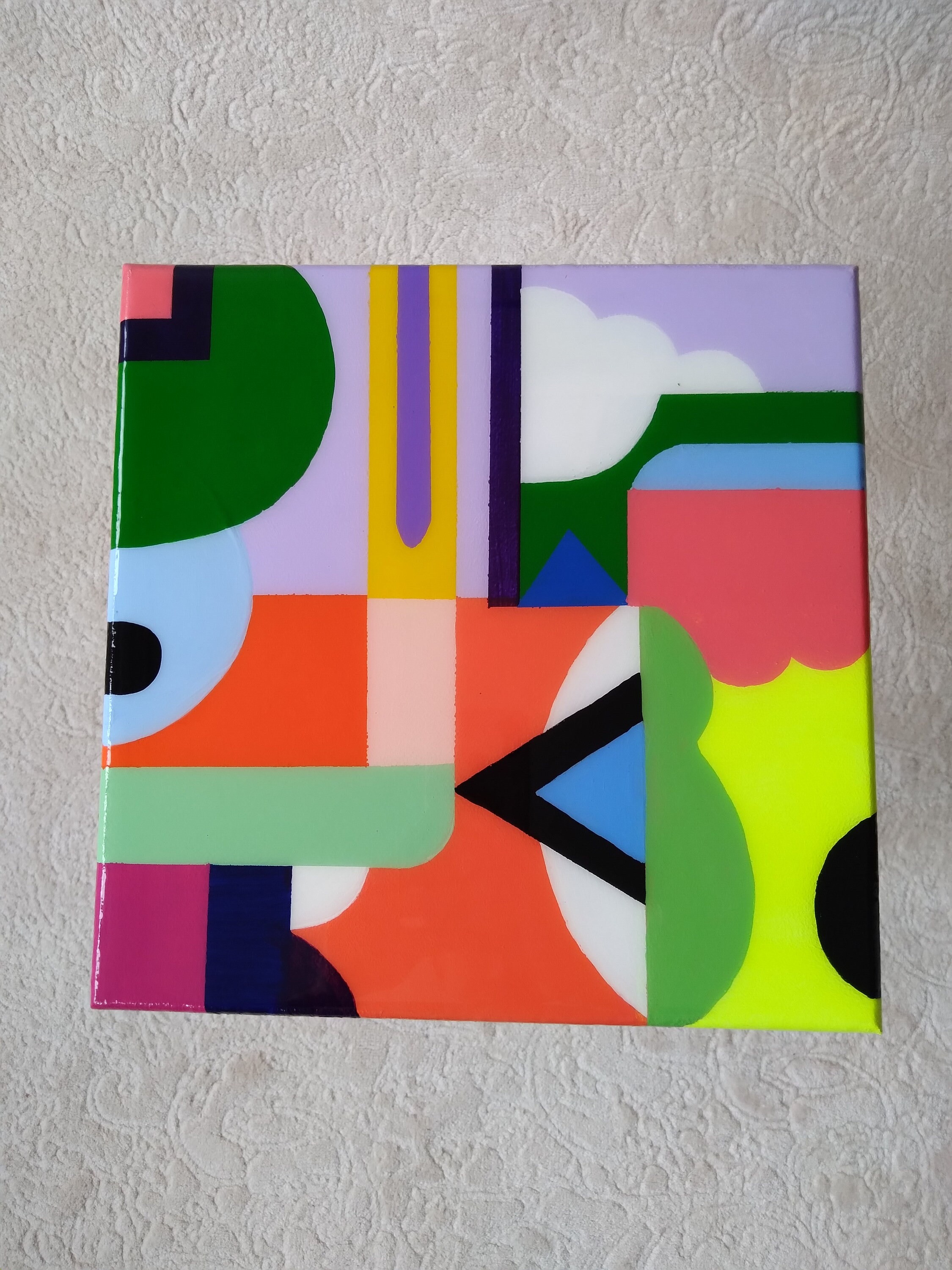 Colorful Abstract Funky Cool Resin Side Coffee Table,Wooden Square Center Corner Bedside Rainbow Pink Pop Art Design Unusual Epoxy End Table