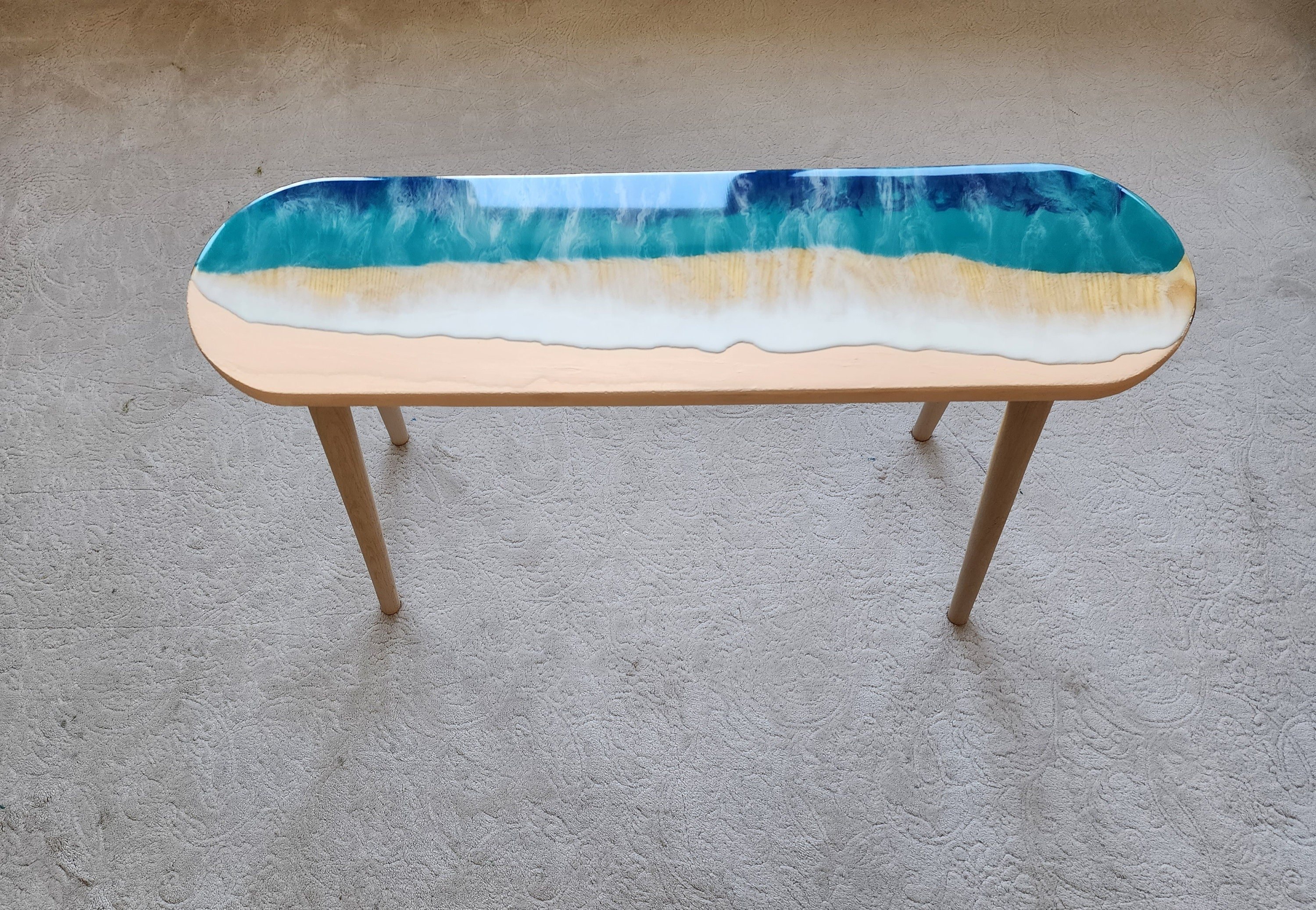 Oval Epoxy Resin Ocean Waves Side Coffee Table,  Natural Beach House Decor Blue Coastal Nautical Sea Themed Entryway Bedside Bedroom Table