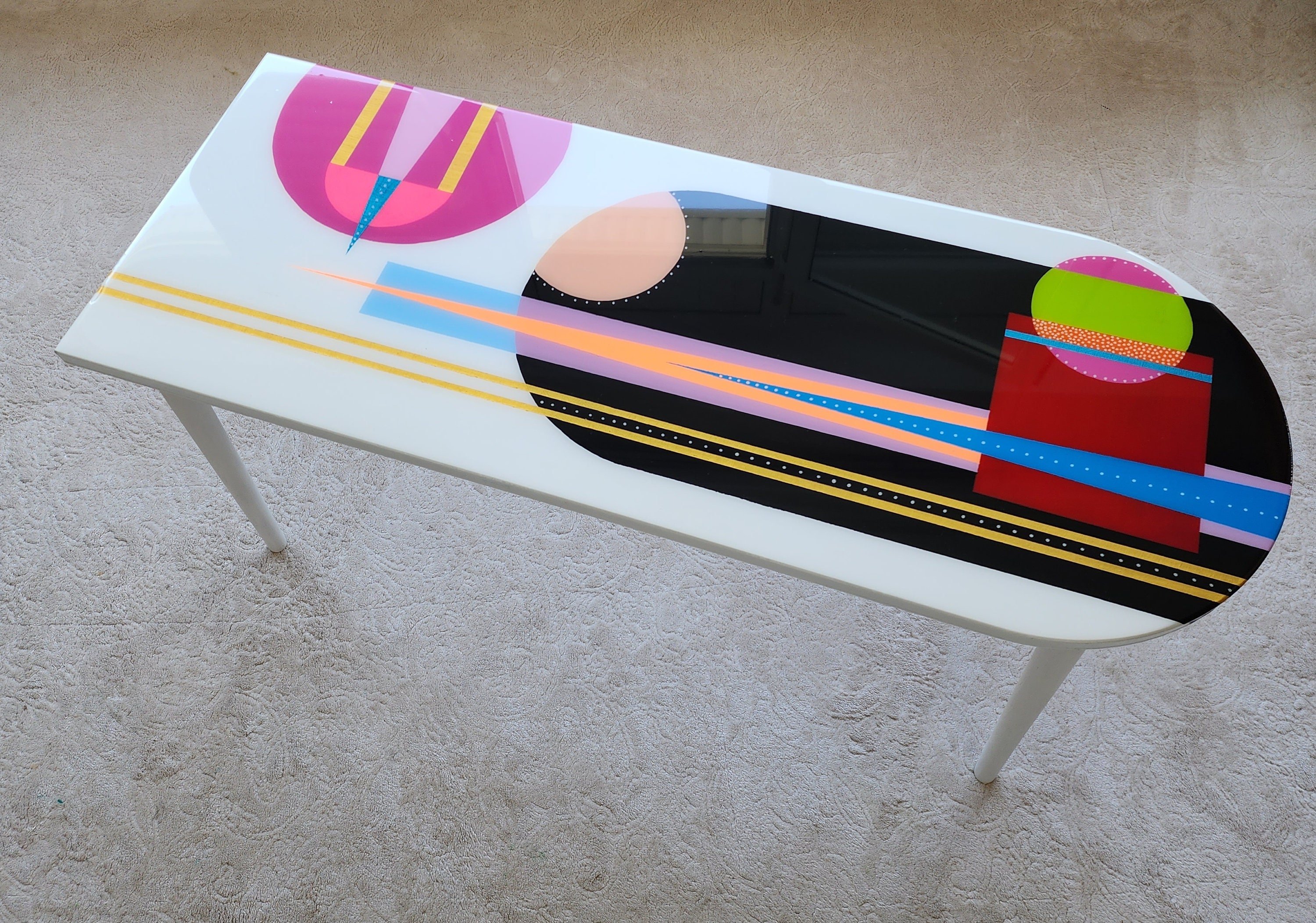 Unusual Colorful Abstract Funky Epoxy Resin White Table, Modern Handmade Cool Eclectic Retro Boho Pop Art Black Side End Center Coffee Table