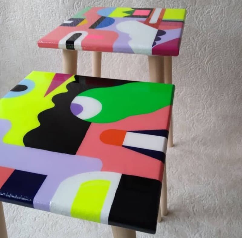 Colorful Pink Funky Wooden Side Resin Tables,Yellow Unique Bedside Living Room Modern  End Center Epoxy Abstract Cool Sofa Art Coffee Tables