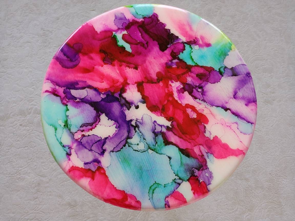 Round Colorful Abstract Vibrant Epoxy Resin Side Table,Painted Small Unusual Eclectic Cool Cute Wooden End Sofa Red Center Art Coffee Table
