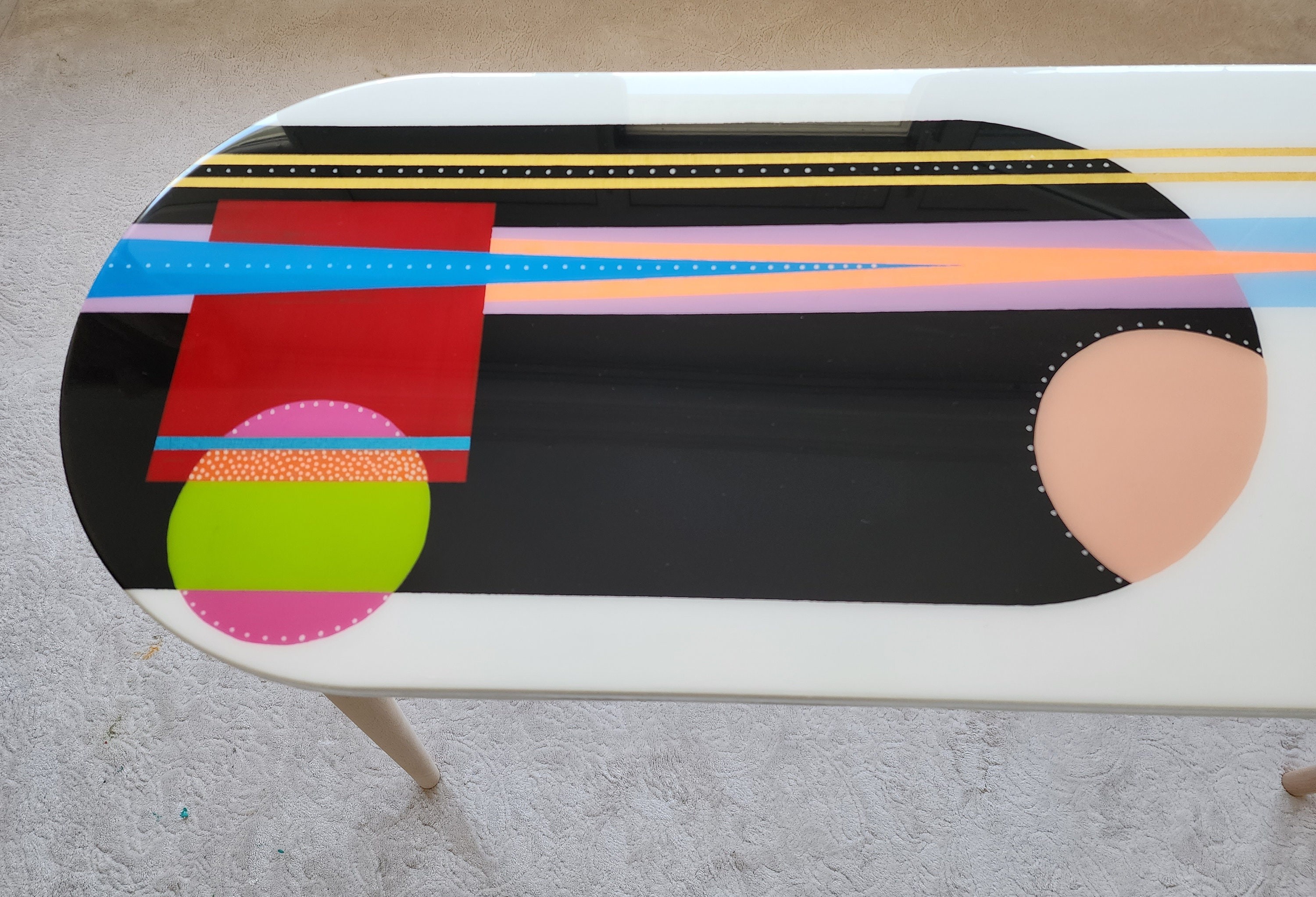 Unusual Colorful Abstract Funky Epoxy Resin White Table, Modern Handmade Cool Eclectic Retro Boho Pop Art Black Side End Center Coffee Table