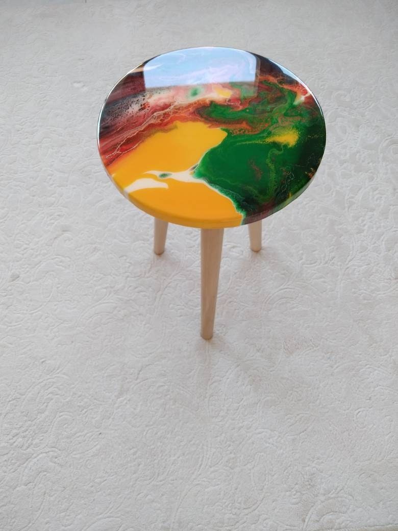 Round Yellow Red Side Resin Coffee Table, Bedside Blue Green Modern Unique Wood Handmade Wooden Abstract Art Sofa End Cool Amazing Table