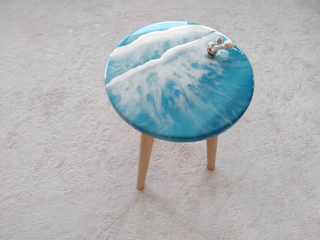 Unique Blue Ocean Wave Resin Side Coffee Table,  Modern Natural Wooden Sofa End Beach House Decor,Living Room, Bedside Cool Sea Art Table