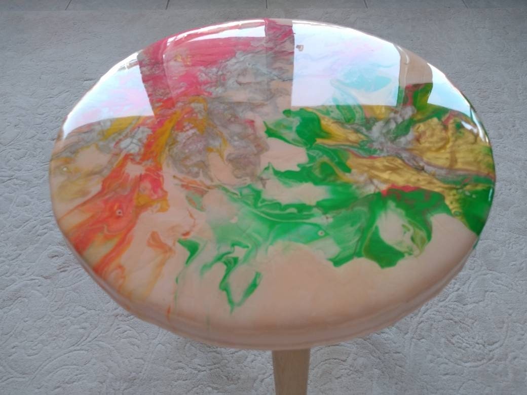 Round Gold Pink Resin Side Coffee Table, Bedside White Purple Modern Unique Epoxy Wood Wooden Abstract Art Sofa End Amazing Cool Table