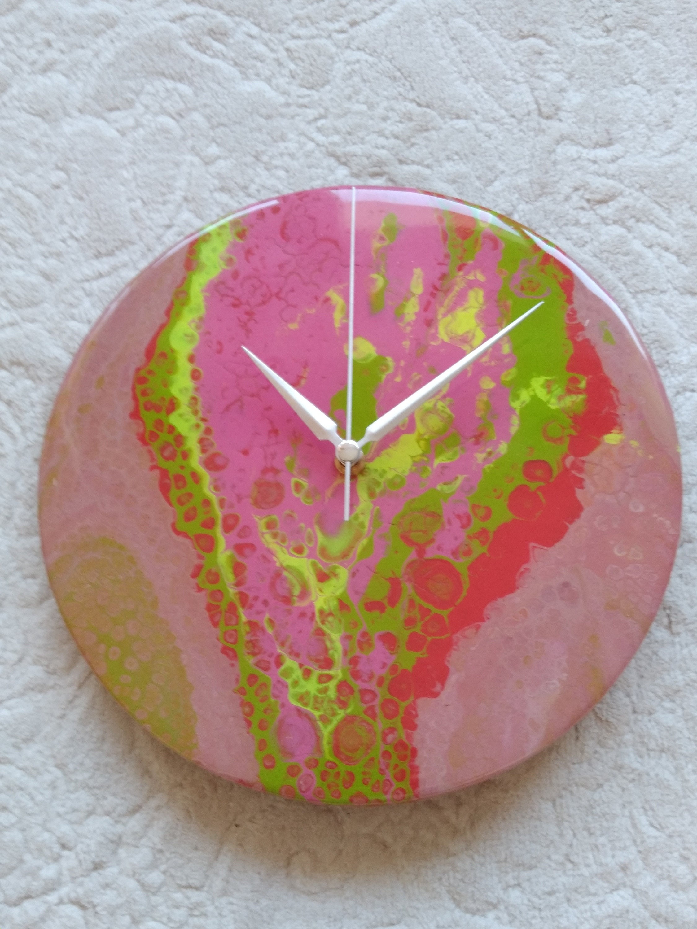 Modern Small Abstract Resin Wall Clock, Colorful Unique Cool Gift Silent Analog Bedroom Living Room Entryway Brown Red Pink Green Art Clock