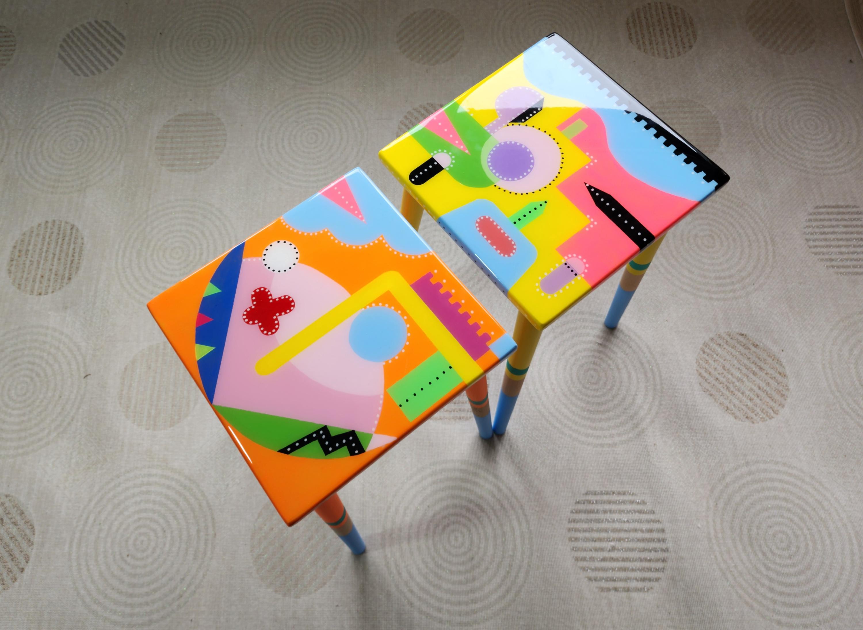 Colorful Painted Funky Abstract Cool Resin Side Coffee Tables,Wooden Modern Pink Orange Acrylic Quirky Bedside Furniture Cute Art Nightstand