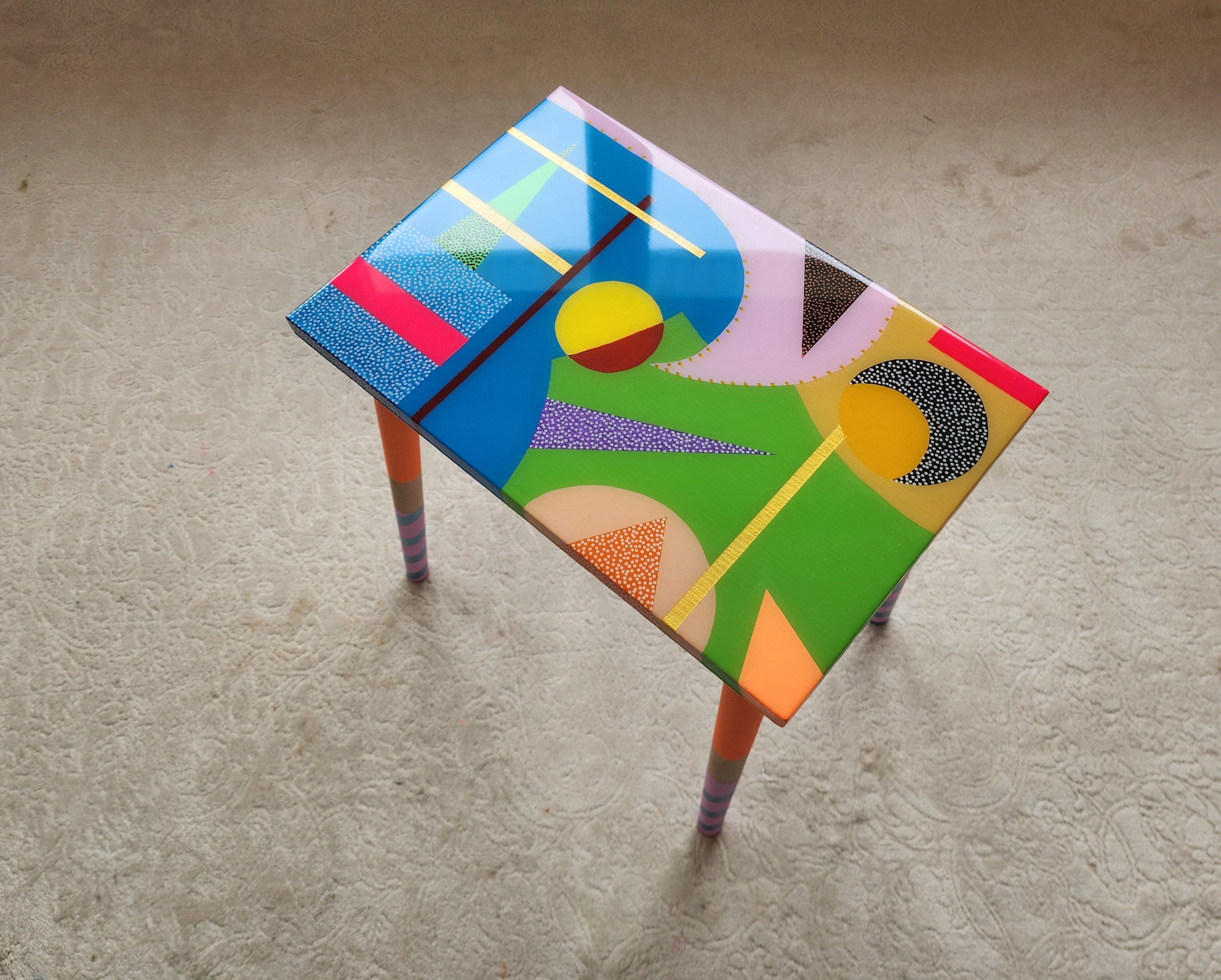 Unusual Unique Wooden Retro Epoxy Resin Blue Green Side Coffee Table