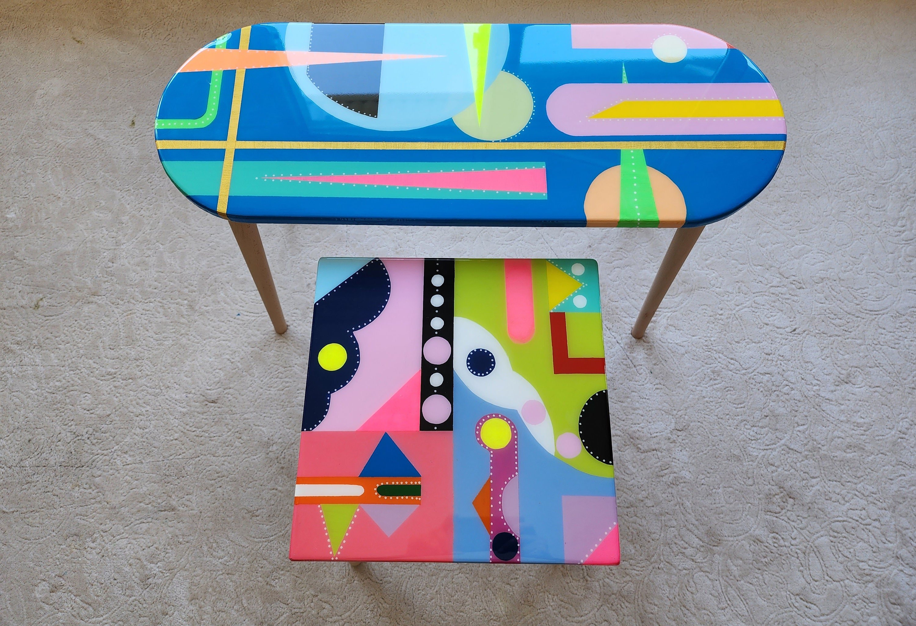 Whimsical Funky Colorful Resin Side Coffee Tables,Abstract Cool Oval Square Rainbow Geometric Design Center Corner Entryway Epoxy Art Tables