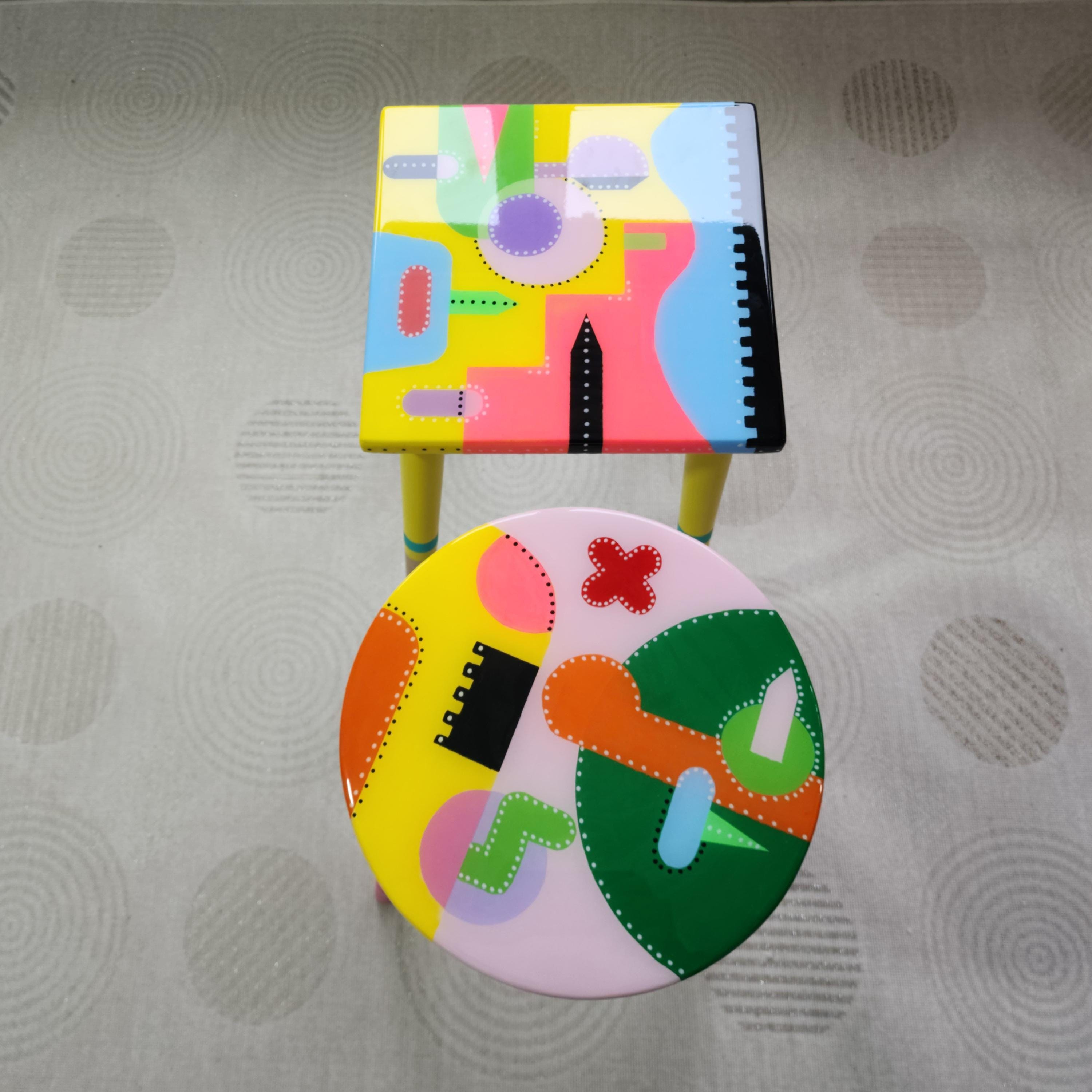 Colorful Painted Funky Abstract Cool Resin Side Coffee Tables,Wooden Modern Pink Orange Acrylic Quirky Bedside Furniture Cute Art Nightstand