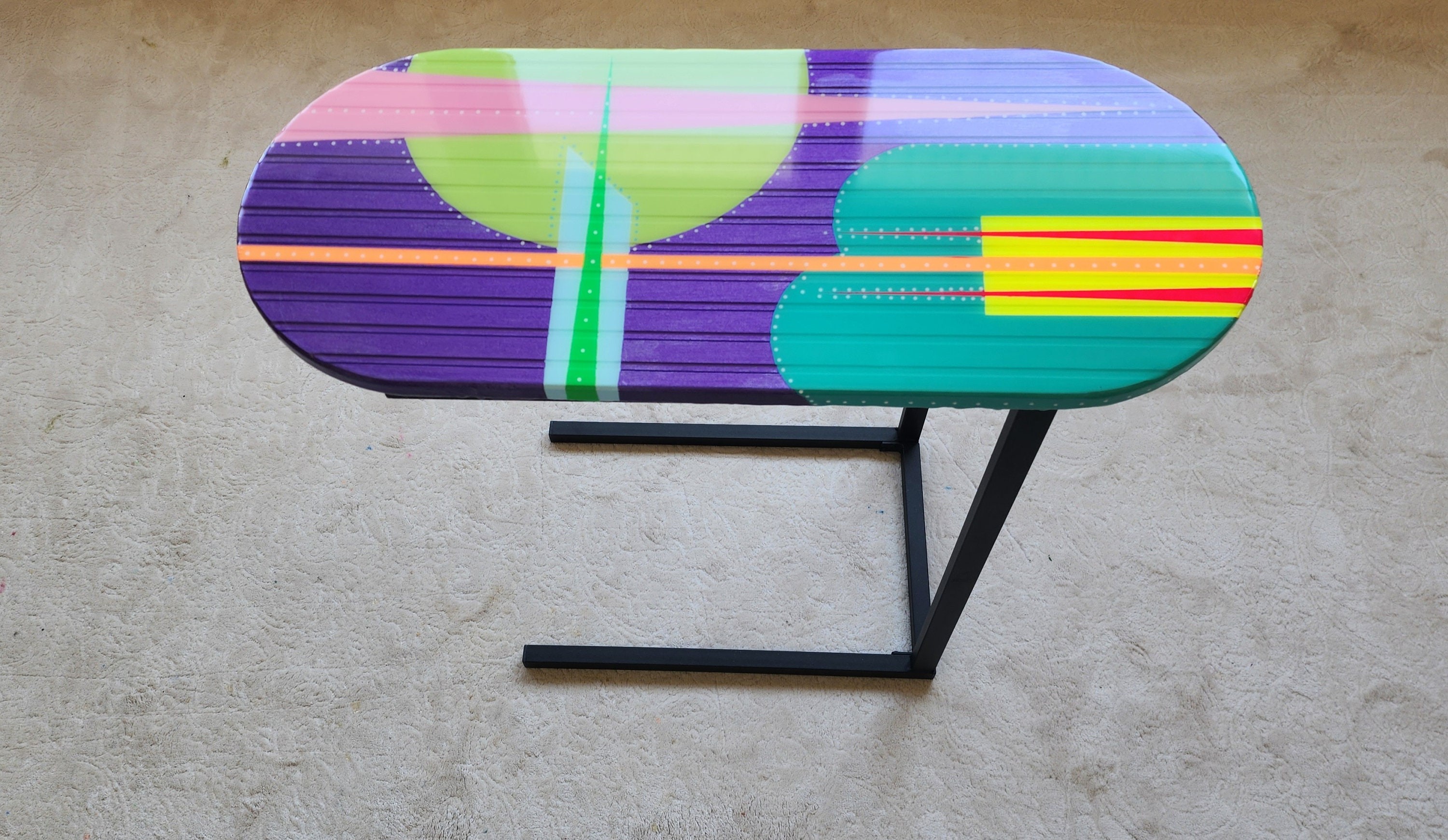 Wooden C Shape Colorful Side End Resin Coffee Table With Metal Legs, Abstract Cool Vintage Retro Modern Geometric Design Purple Couch Table