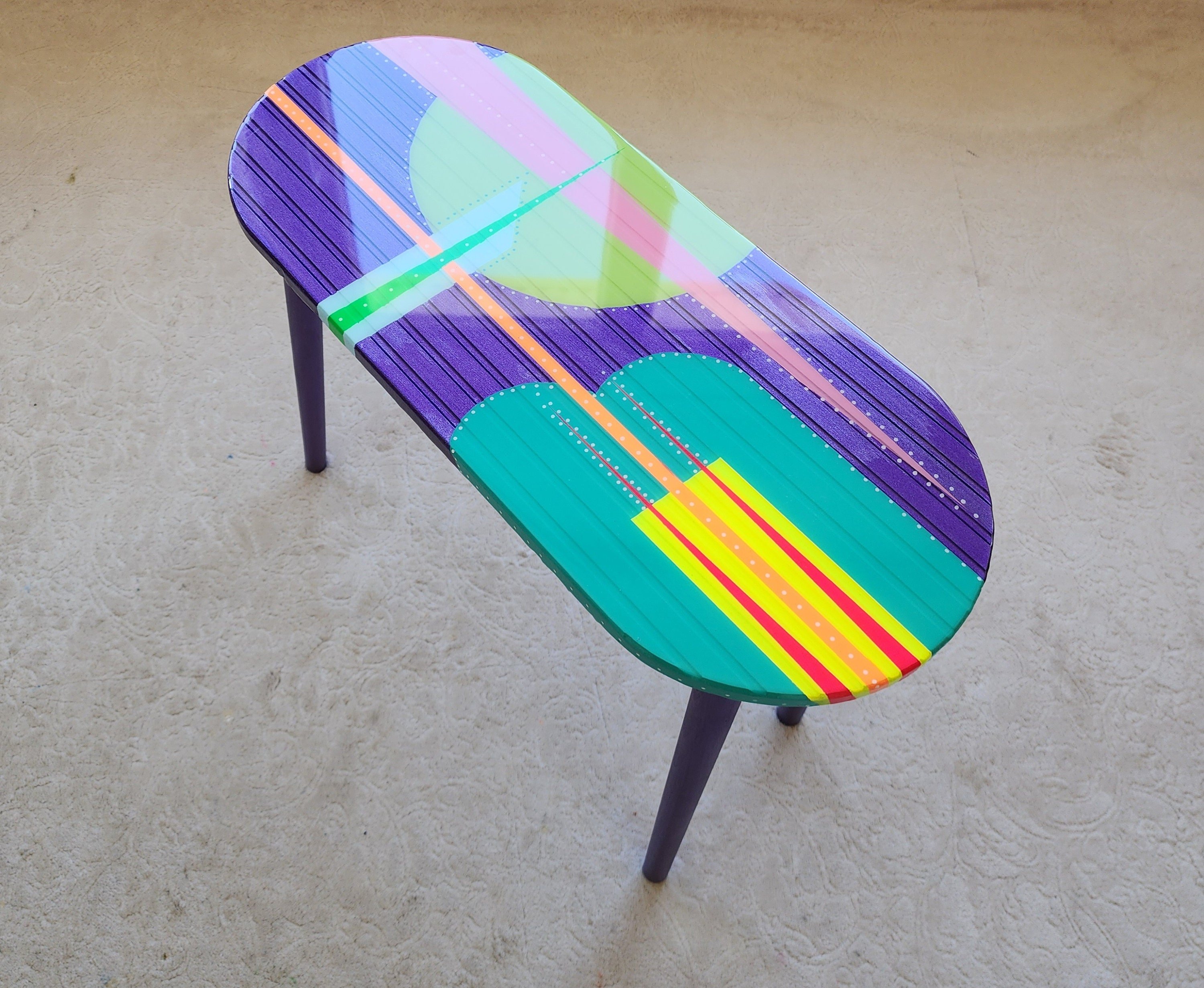 Unusual Oval Purple Funky Colorful Side Resin Coffee Table, Maximalist Eclectic Abstract Cool Neon Painted Leg Epoxy Cute Boho Pop Art Table