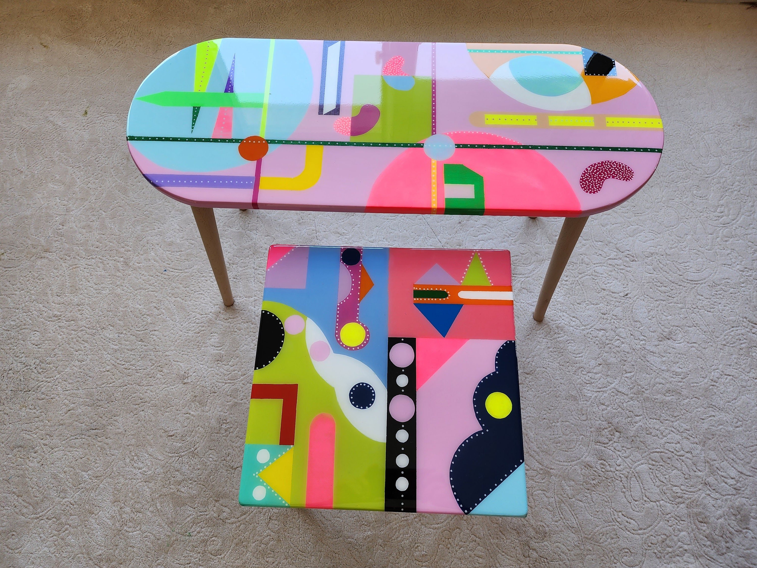 Mid Century Modern Pink Resin Narrow Coffee Tables, Colorful Abstract Vibrant Funky Eclectic Cool Retro Painted Epoxy Side End Pop Art Table
