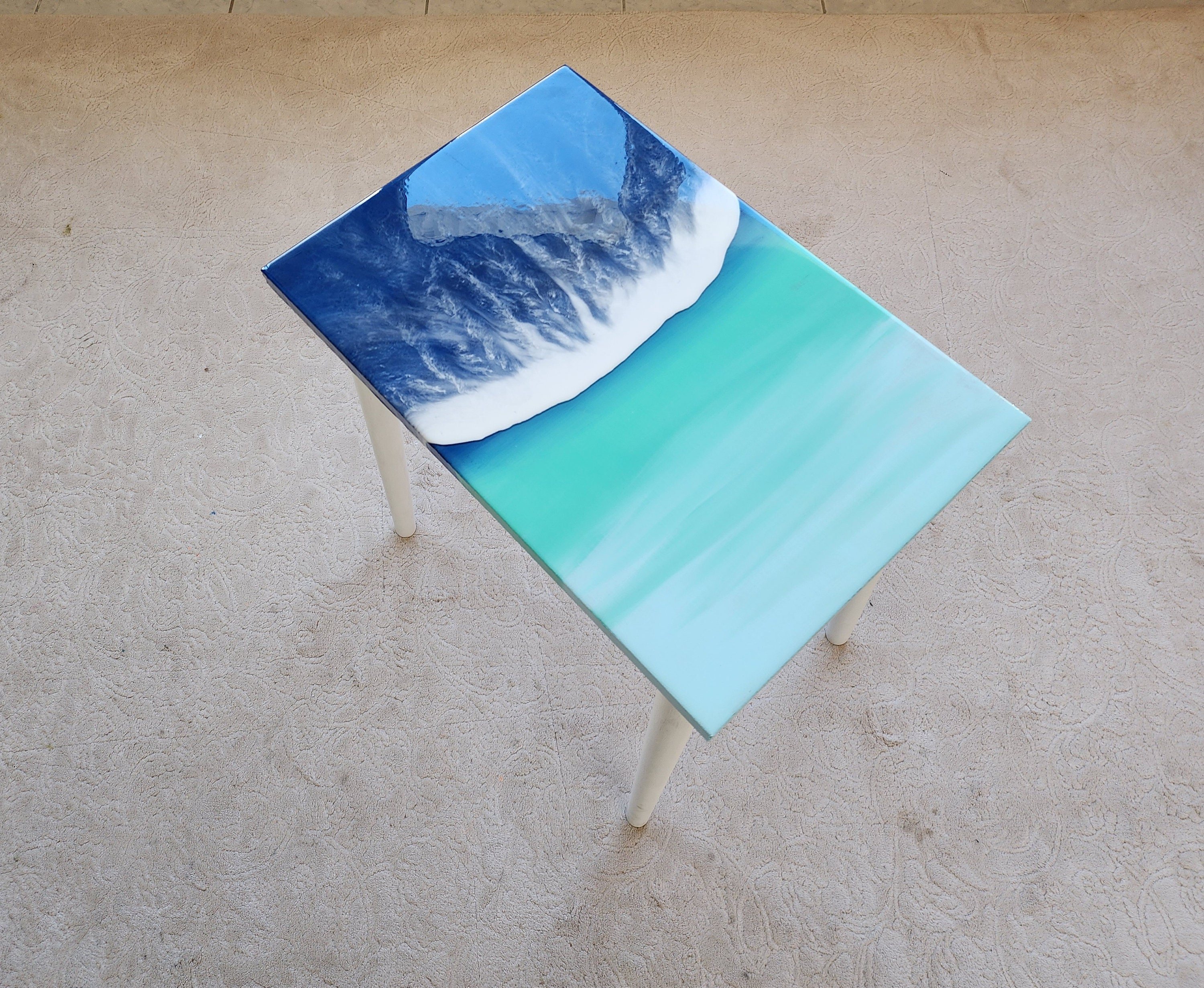 Small Natural Epoxy Resin Coastal Beach Side Coffee Table, Unique Cool Nautical Bedside Bedroom Entryway Sea House Decor Blue End  Table