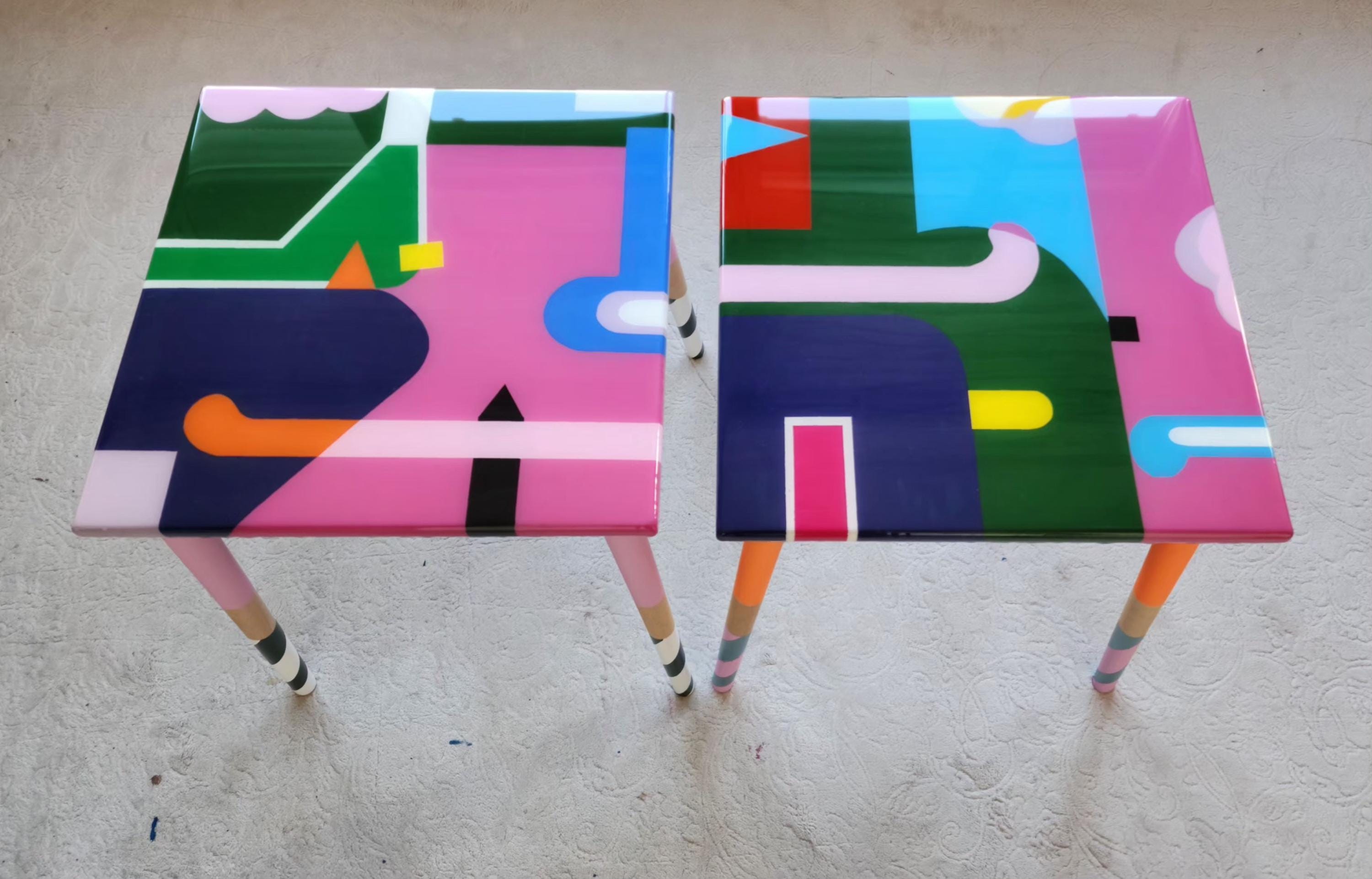 Handmade Colorful Abstract Resin Side Funky Coffee Tables, Modern Cool Bedside Living Room Entryway End Sofa Middle Wooden Epoxy Boho Tables