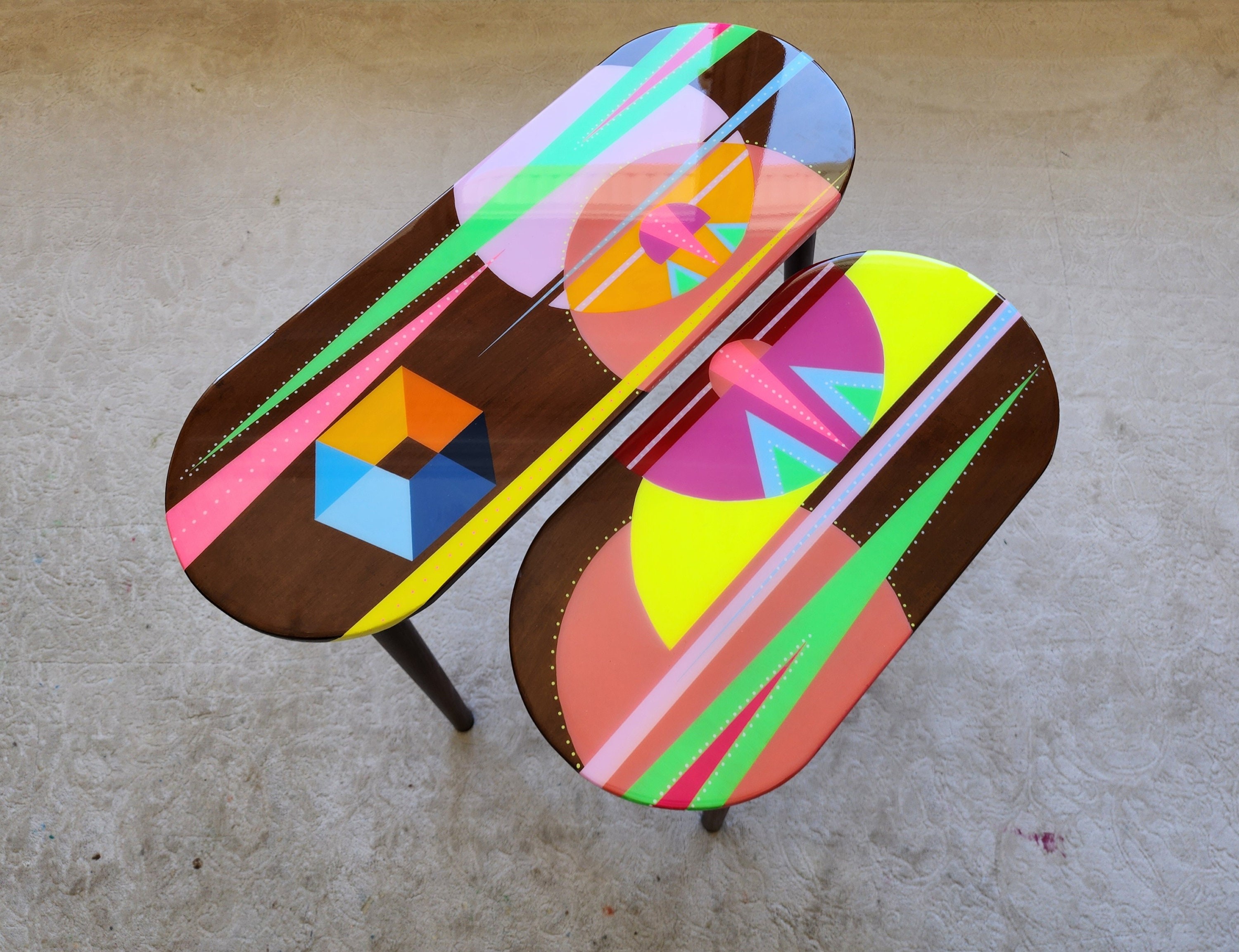 Unusual Pink Funky Colorful Side Narrow Resin Coffee Tables,Maximalist Eclectic Abstract Cool Neon Painted Leg Epoxy Cute Boho Pop Art Table