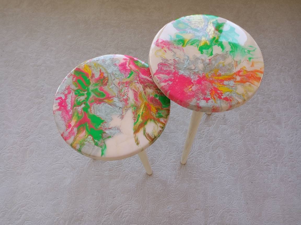 Round Abstract Pink Green Epoxy Resin Side Coffee Tables