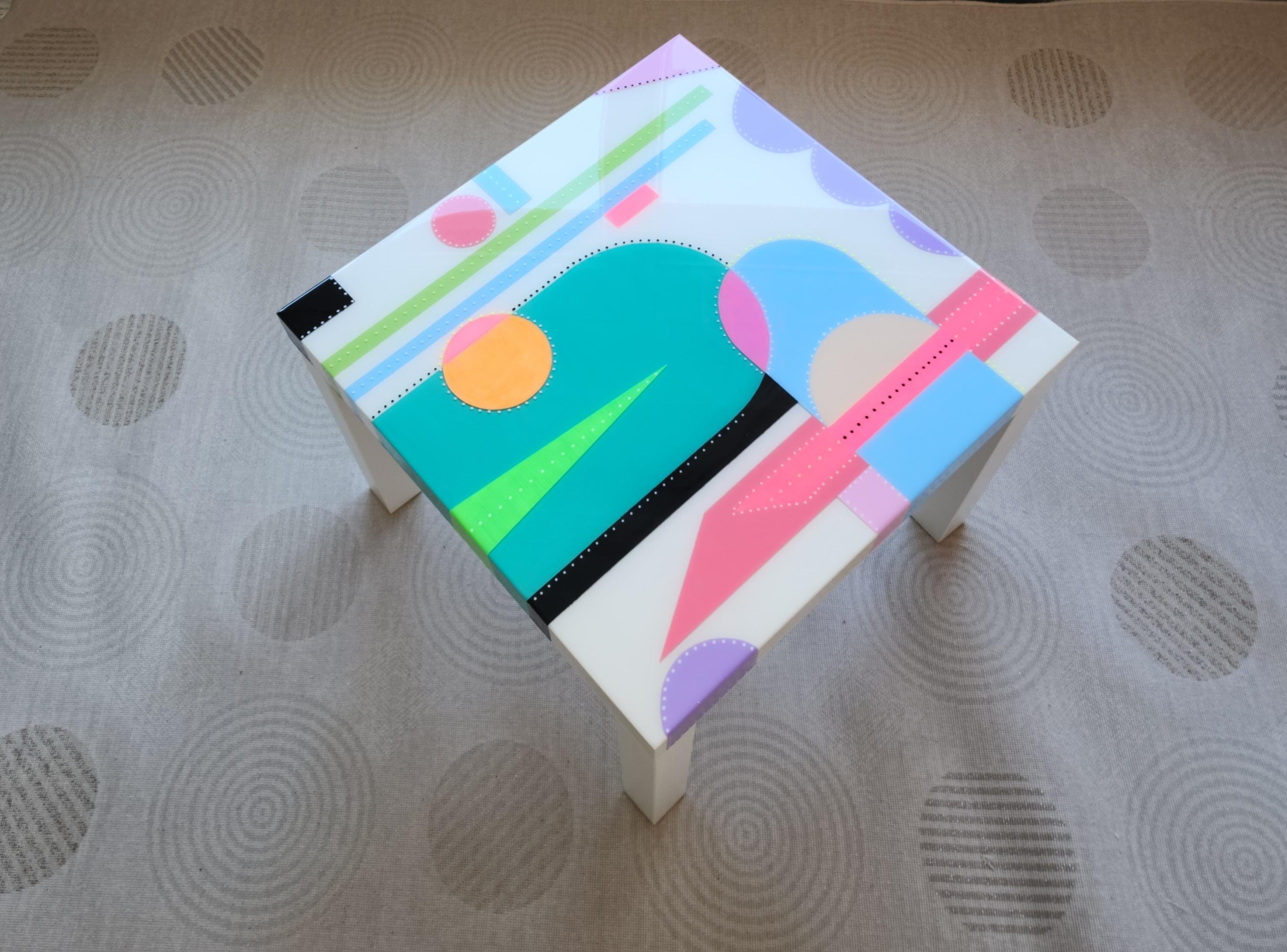 Square Colorful Funky Abstract Boho Resin Table,White Green Groovy Vibrant Wood Rainbow Retro Hippi End Side Cool Luxury Center Coffee Table