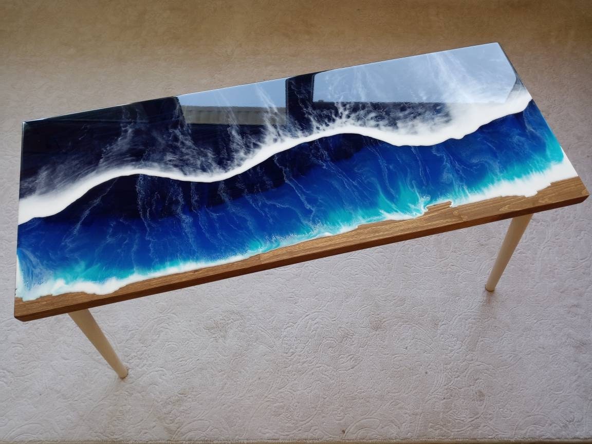 Wooden Natural Ocean Wave Resin Side Table,Blue Beach Themed Living Room Bedroom Entryway Nautical Cool Epoxy End Sofa Sea Art Coffee Table