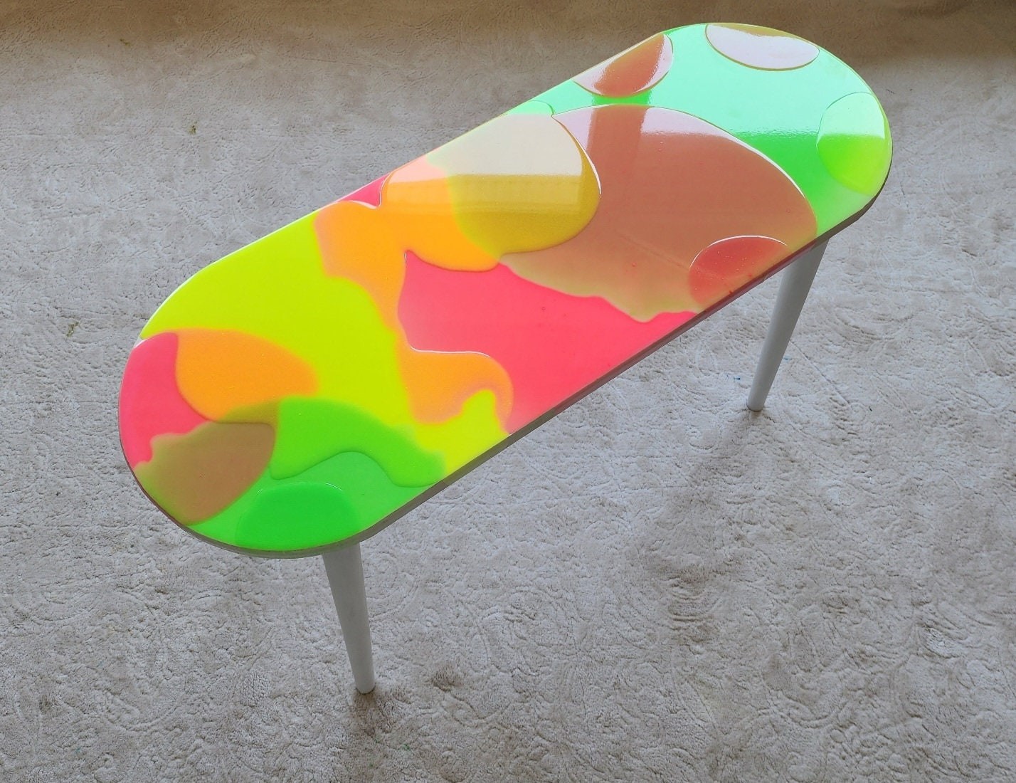 Modern Colorful Abstract Resin Funky Pink Side Coffee Table, Wooden Multicolor Furniture Cool Living Room Epoxy Art Live Edge Boho End Table