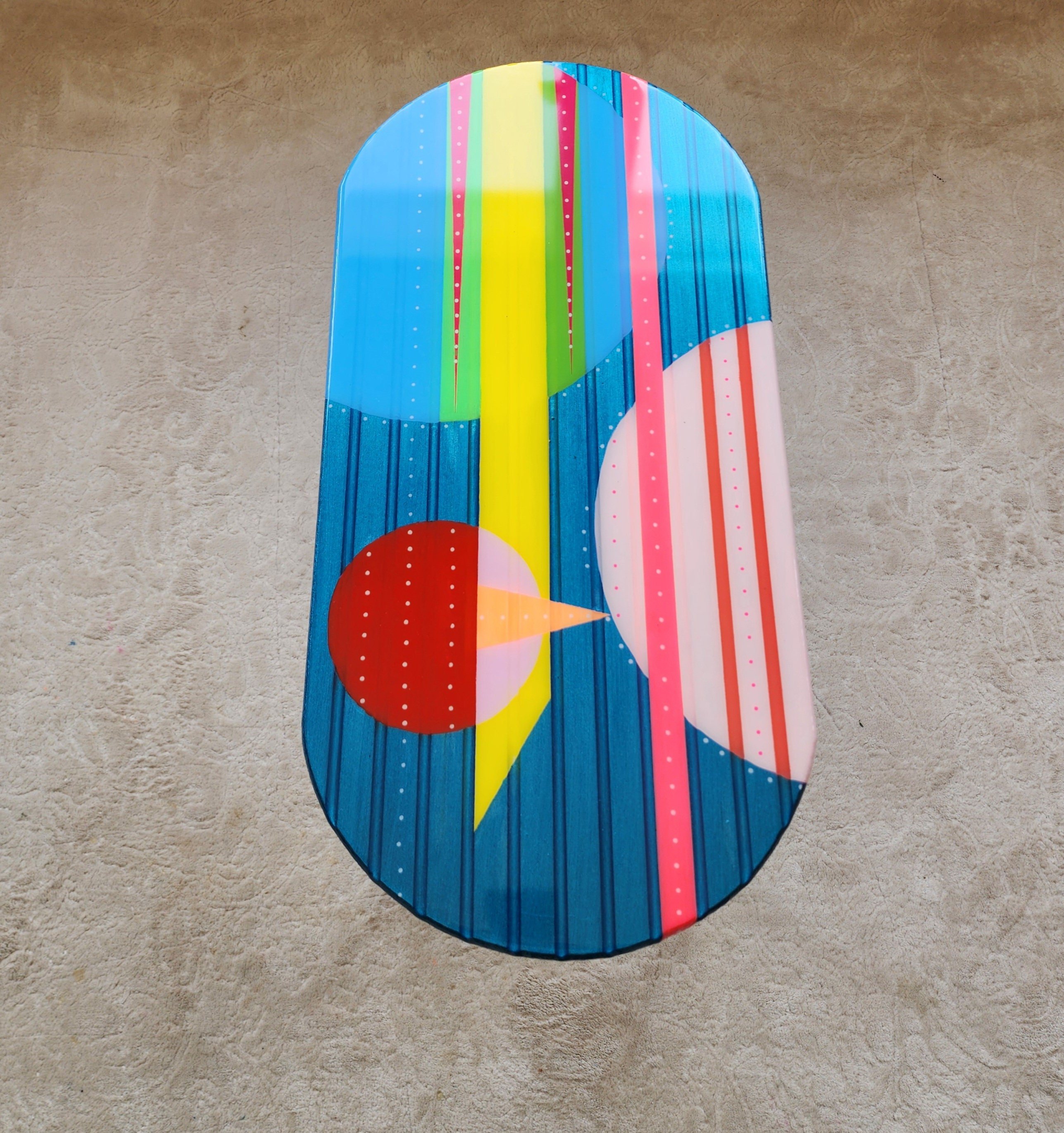 Modern Oval Colorful Wooden Epoxy Resin Side Coffee Table, Minimalist Unique Abstract Funky Maximalist Bedside Unusual Aesthetic Art Table