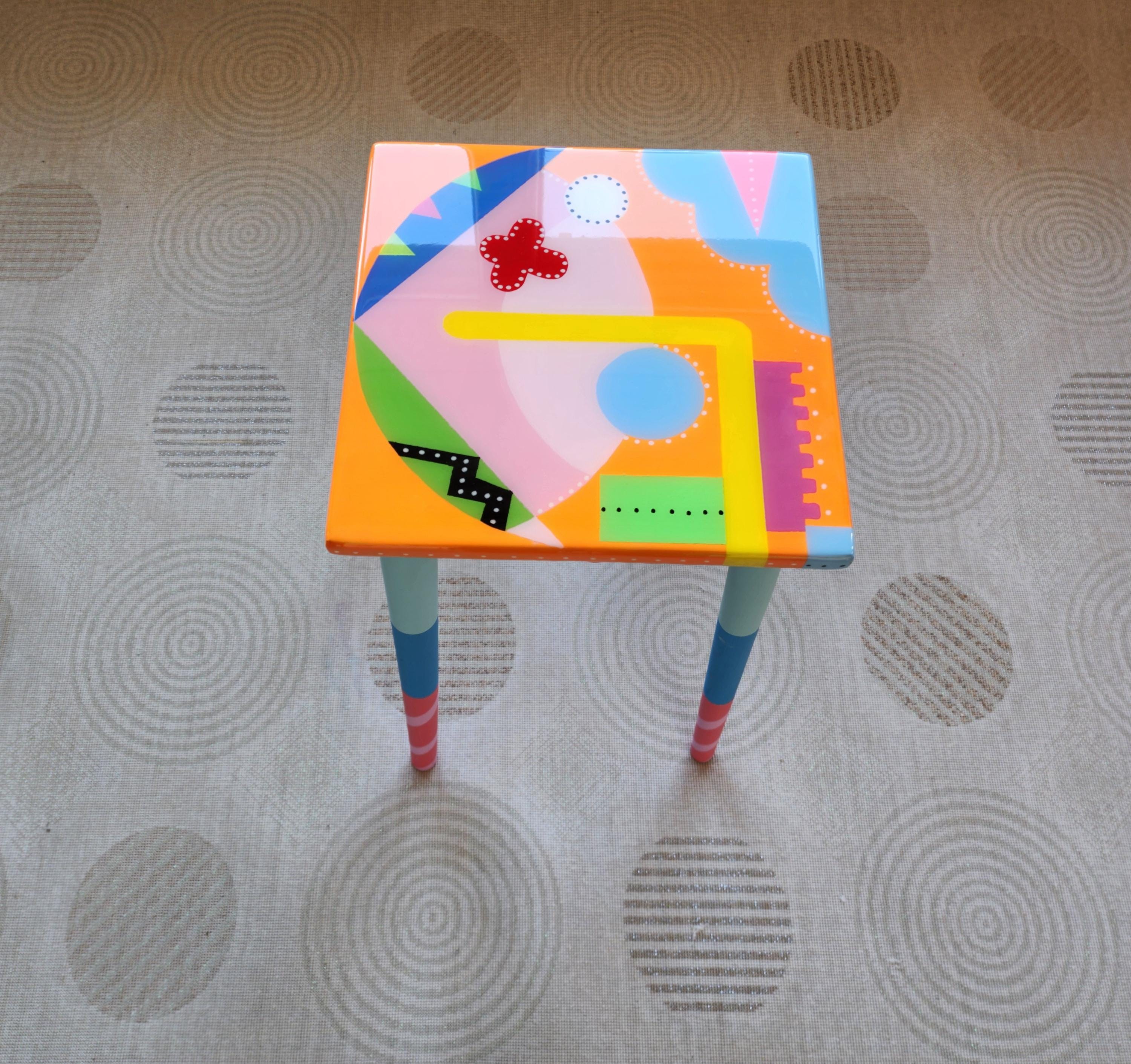Small Wooden Hand Painted Resin Cool Side Coffee Tables,Colorful Pink Orange Blue Abstract Epoxy Art Tables