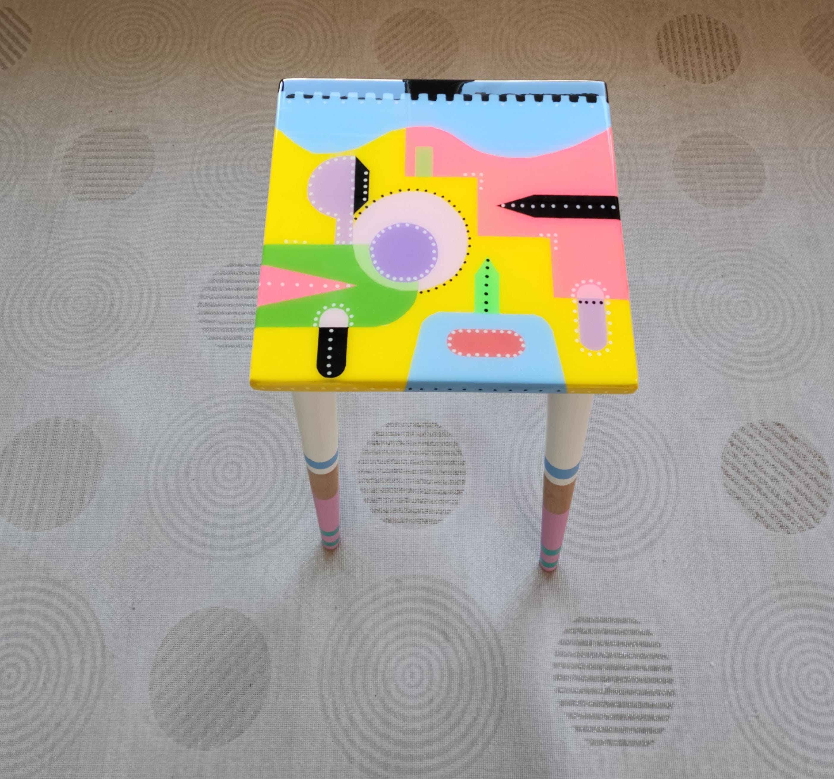 Unusual Yellow Funky Colorful Side End Resin Coffee Table,Geometric Modern Eclectic Abstract Cool Neon Painted Leg Epoxy  Boho Pop Art Table