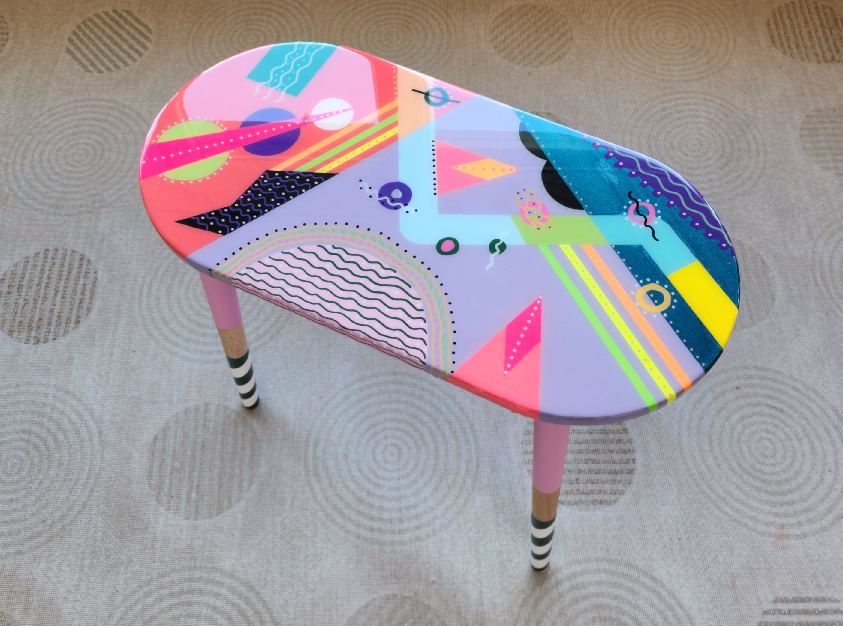 Wooden Oval Colorful Abstract Funky Resin Side Table
