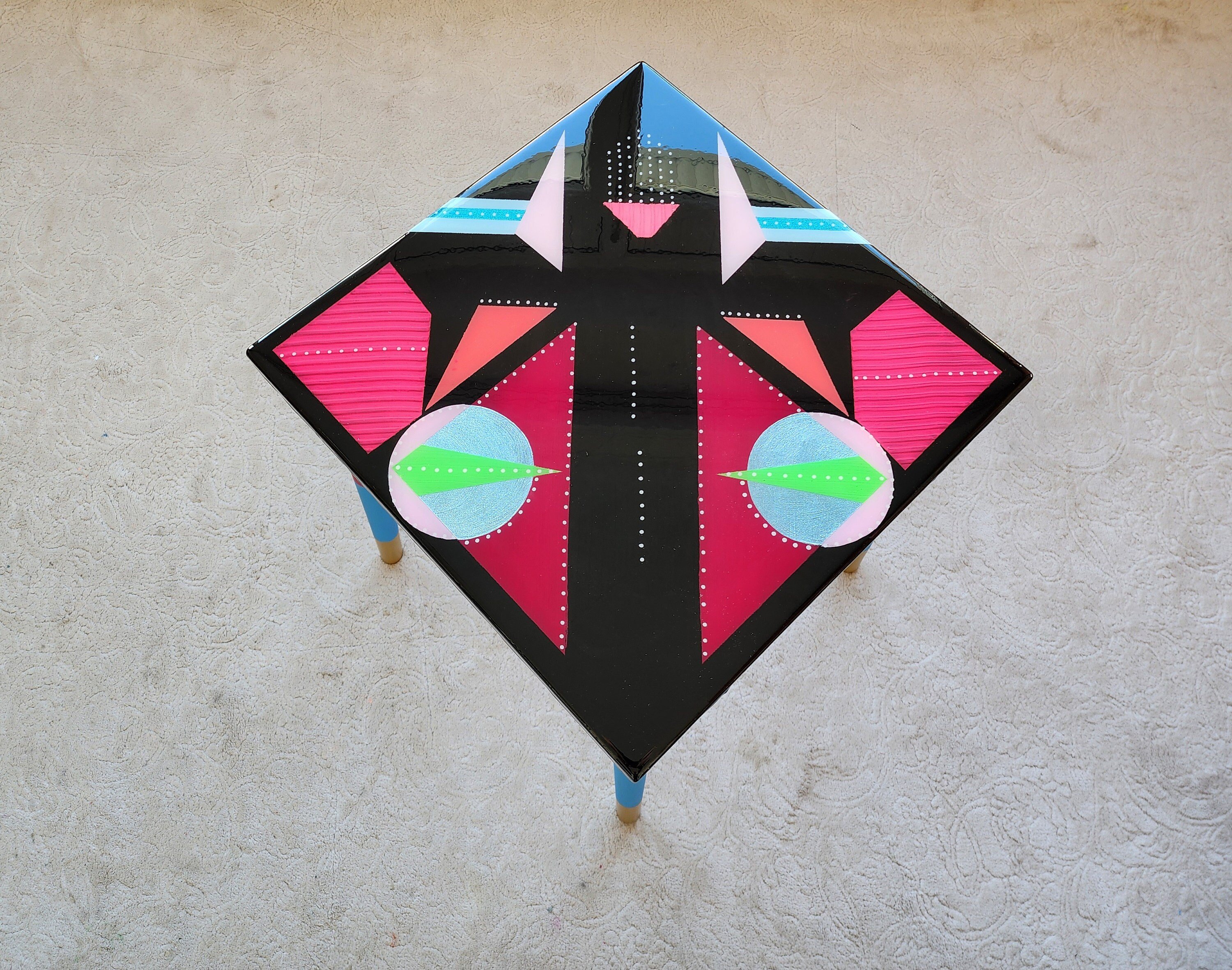 Hand Painted Black Abstract Wooden Epoxy Resin Side End Table, Colorful Funky Eclectic Rainbow  Pop Art Cute Unusual Geometric Coffee Table