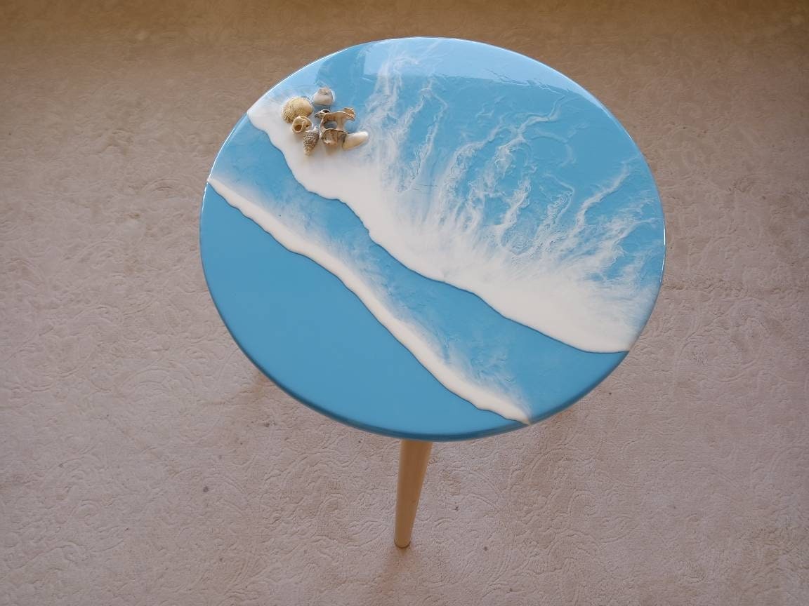 Round Ocean Wave Resin Side Coffee Tables, Unique Wooden Bedside Living Sofa End Natural Center Beach Themed Sea Art Seashells Coffee Table