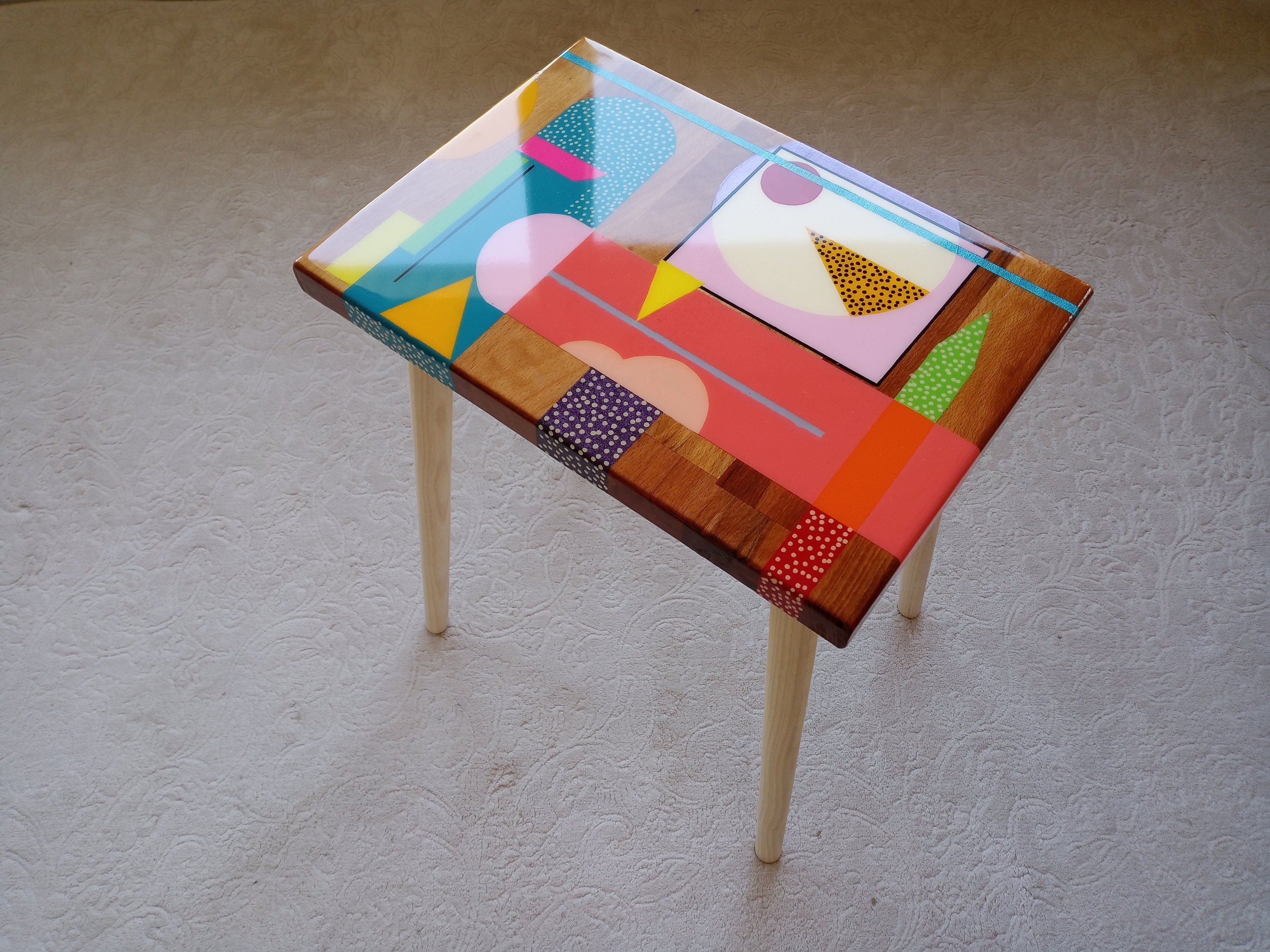 Small Wooden Handmade Resin Cool Side Coffee Table,Pink Modern Bedside Living Room Entryway End Colorful Abstract Funky Boho Epoxy Art Table
