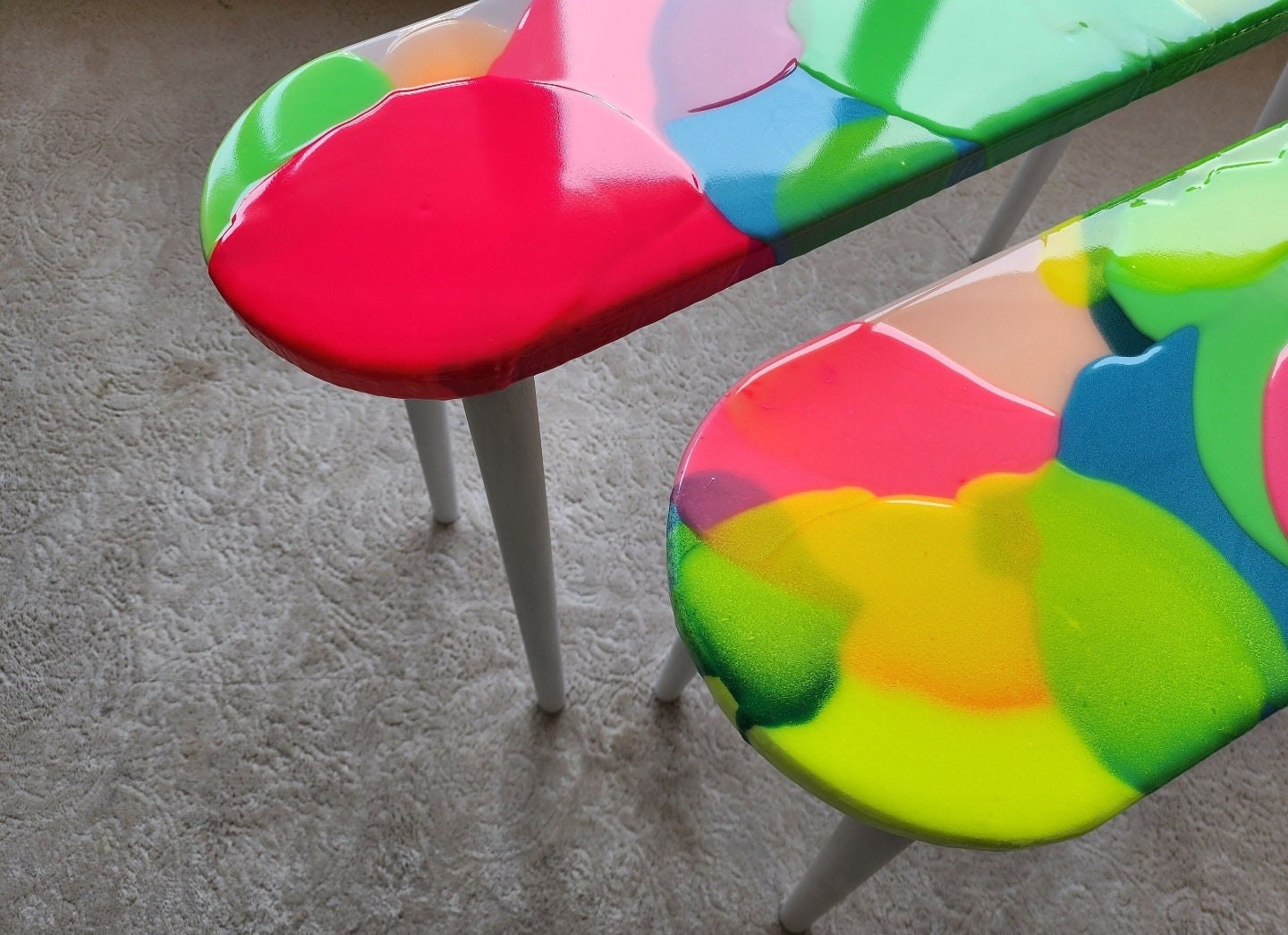 Oval Pink Funky Neon Painted 3D Abstract Resin Coffee Tables, Maximalist Eclectic  Cool Colorful Epoxy Nesting Cute Unusual Side Art Tables