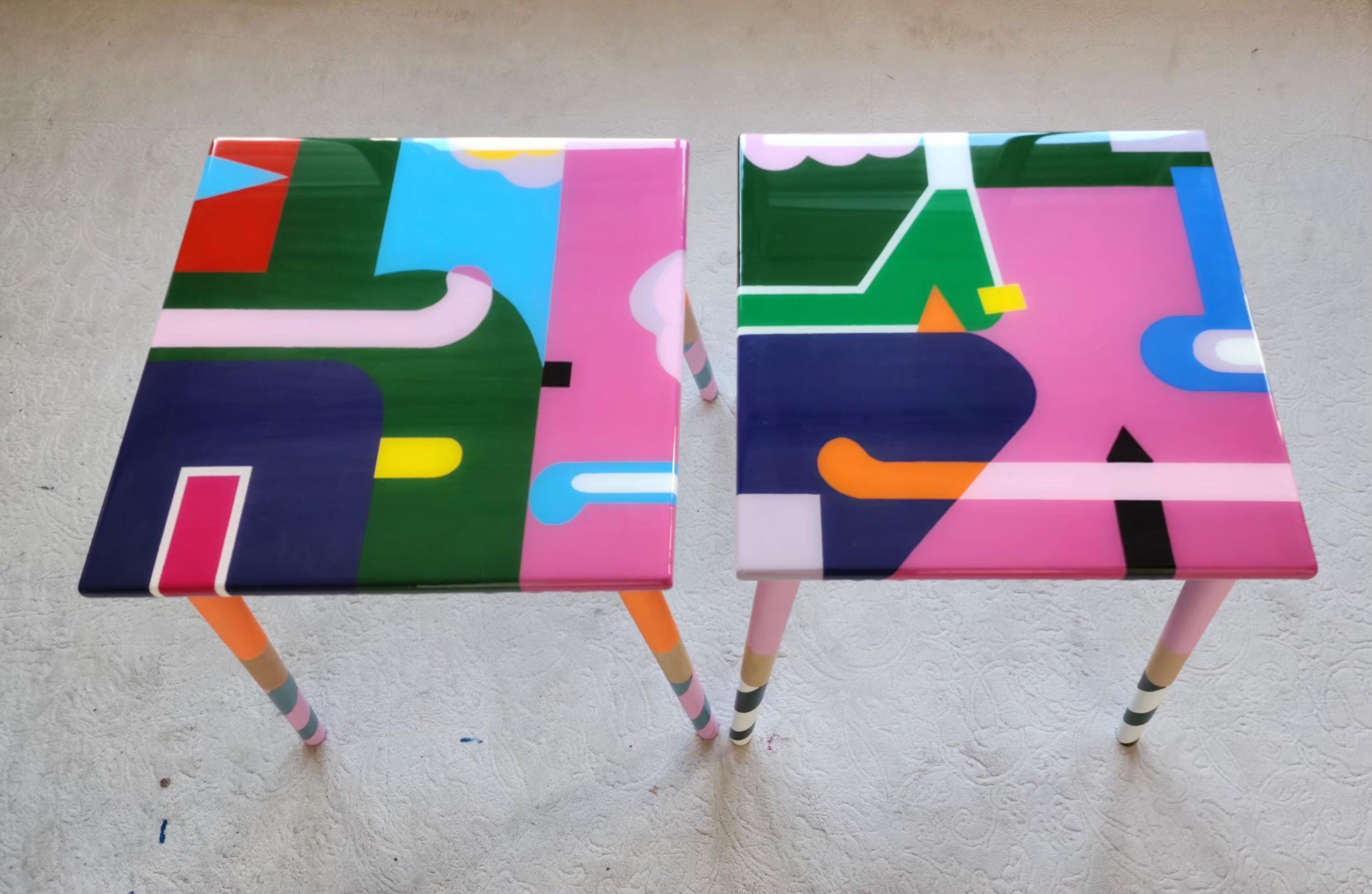 Handmade Colorful Abstract Resin Side Funky Coffee Tables, Modern Cool Bedside Living Room Entryway End Sofa Middle Wooden Epoxy Boho Tables