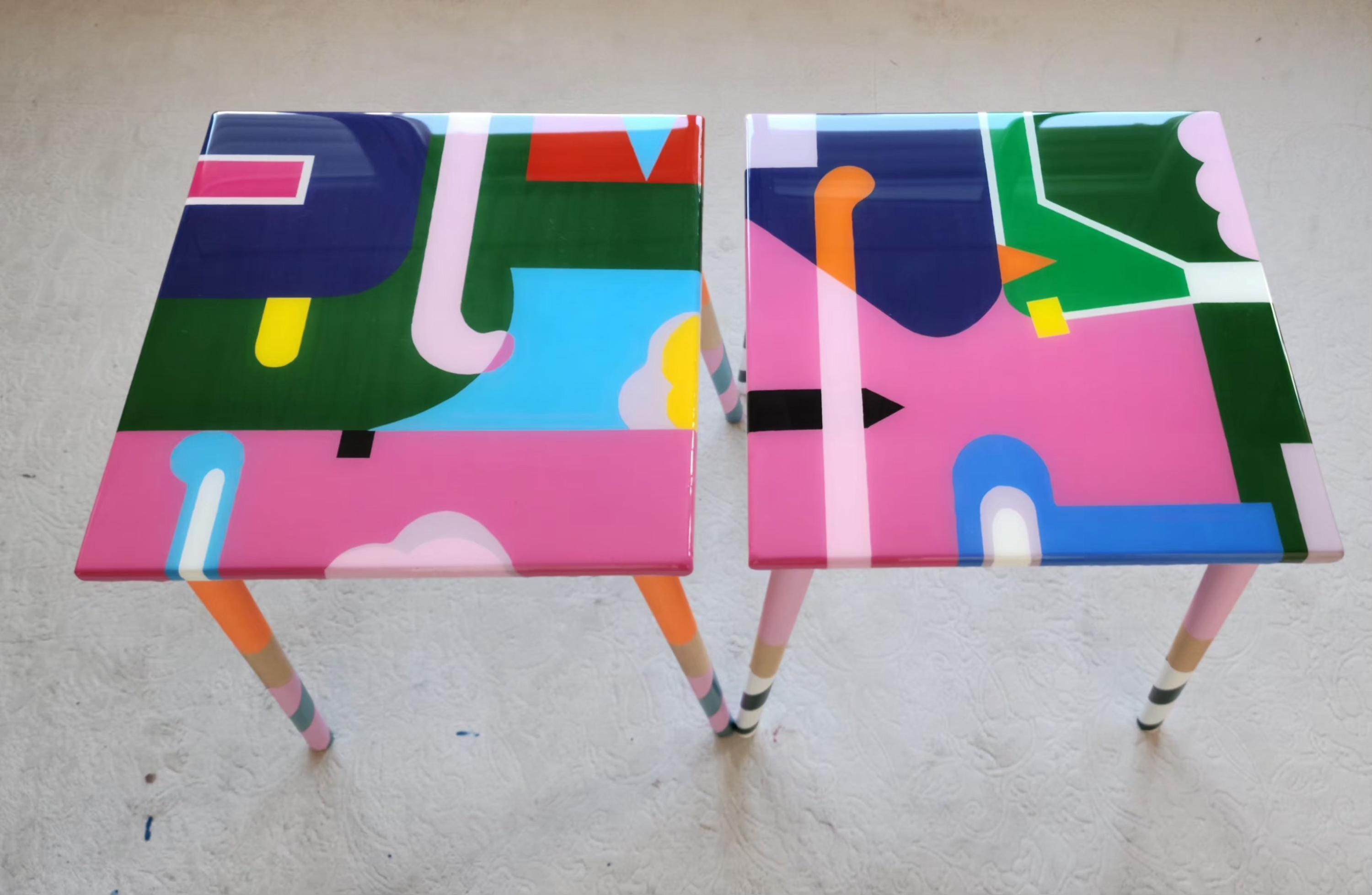 Handmade Colorful Abstract Resin Side Funky Coffee Tables, Modern Cool Bedside Living Room Entryway End Sofa Middle Wooden Epoxy Boho Tables
