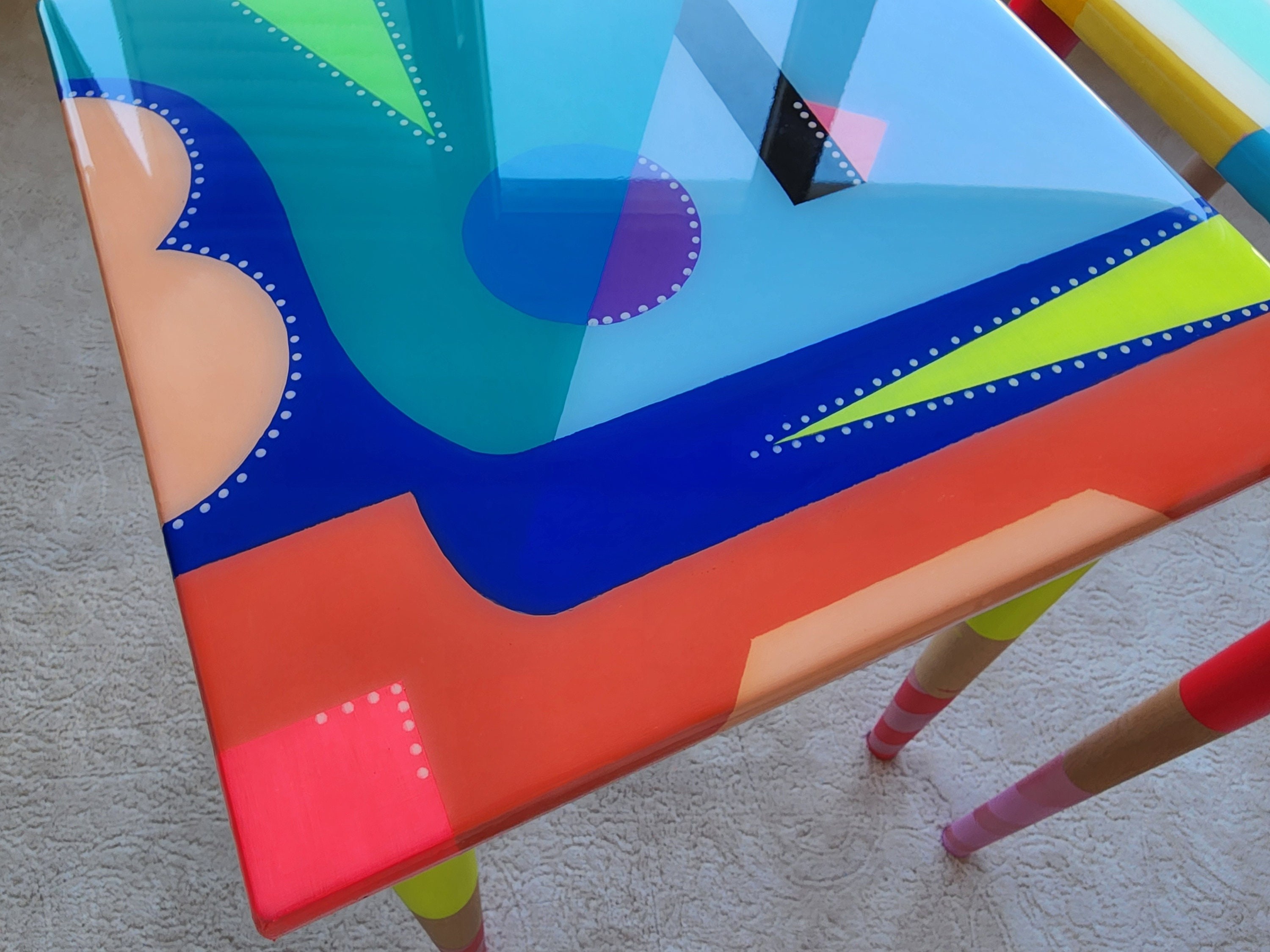 Unusual Pink Funky Colorful Side Narrow Resin Coffee Tables,Maximalist Eclectic Abstract Cool Neon Painted Leg Epoxy Cute Boho Pop Art Table