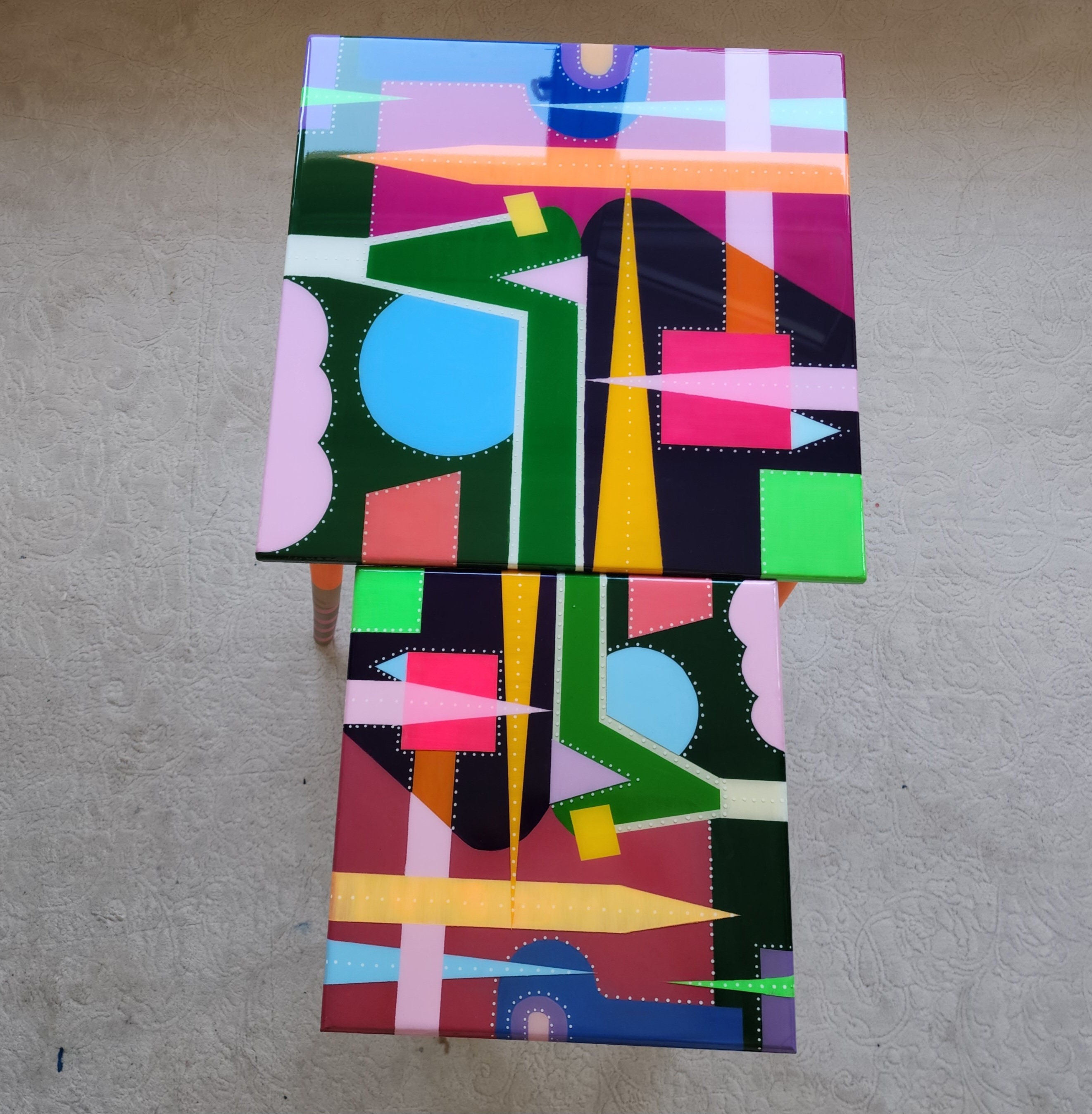 Unusual Abstract Funky Colorful Side Nesting Art Resin Coffee Tables