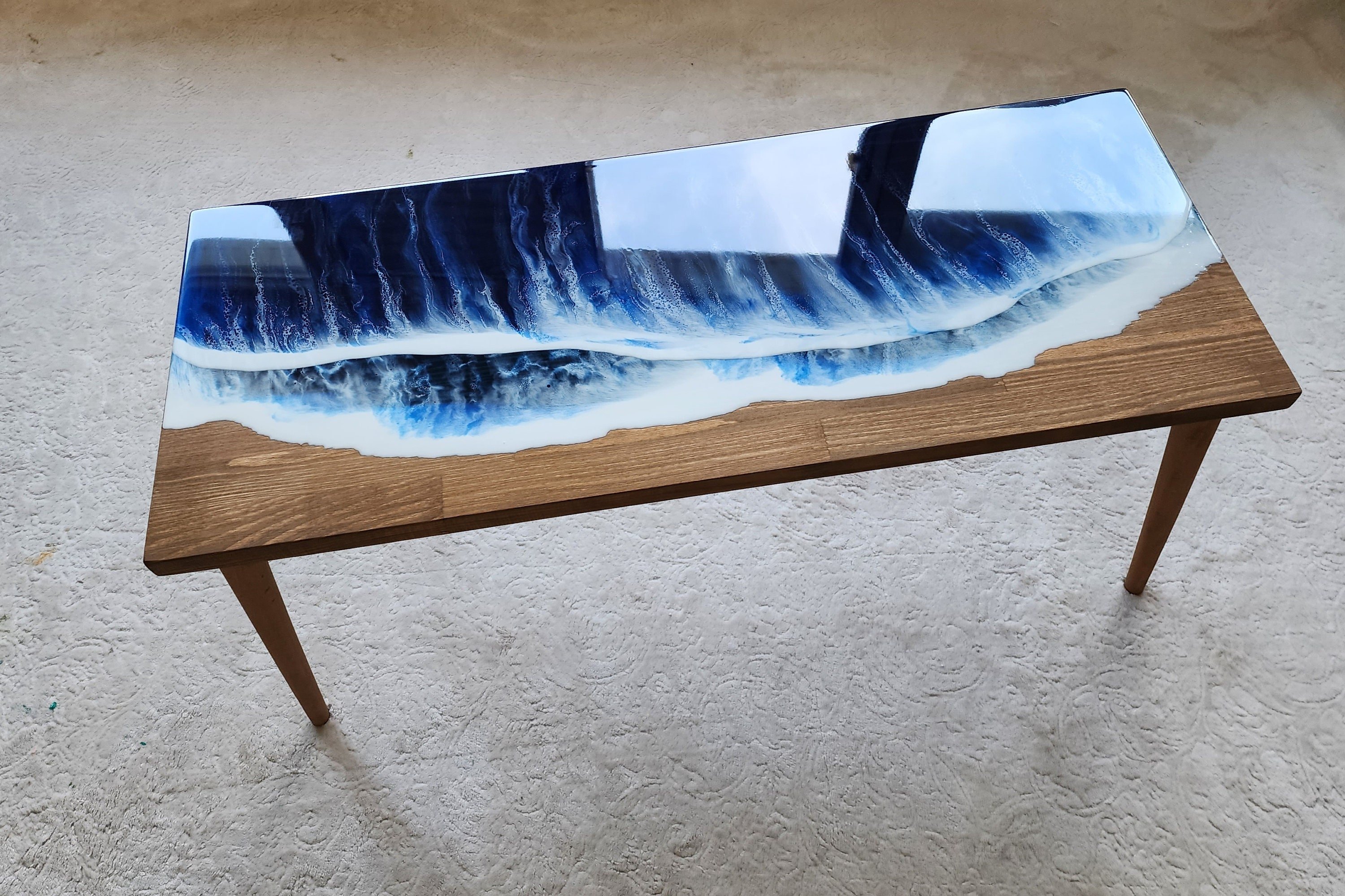 Natural Ocean Wave Blue Epoxy Resin Side Table, Wooden Beach Themed Living Room Bedroom Entryway Nautical Cool End Sofa Sea Art Coffee table