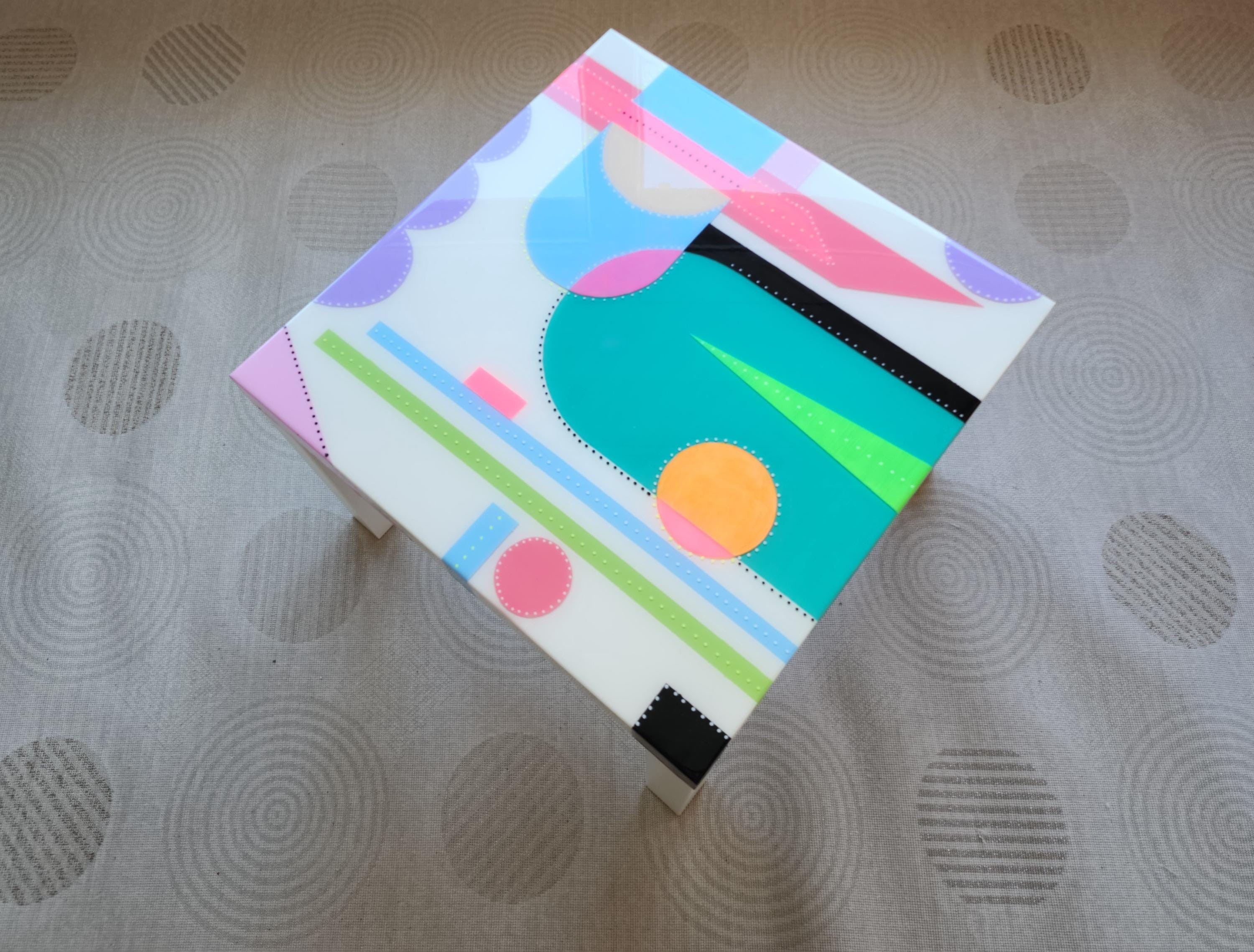 Square Colorful Funky Abstract Boho Resin Table,White Green Groovy Vibrant Wood Rainbow Retro Hippi End Side Cool Luxury Center Coffee Table