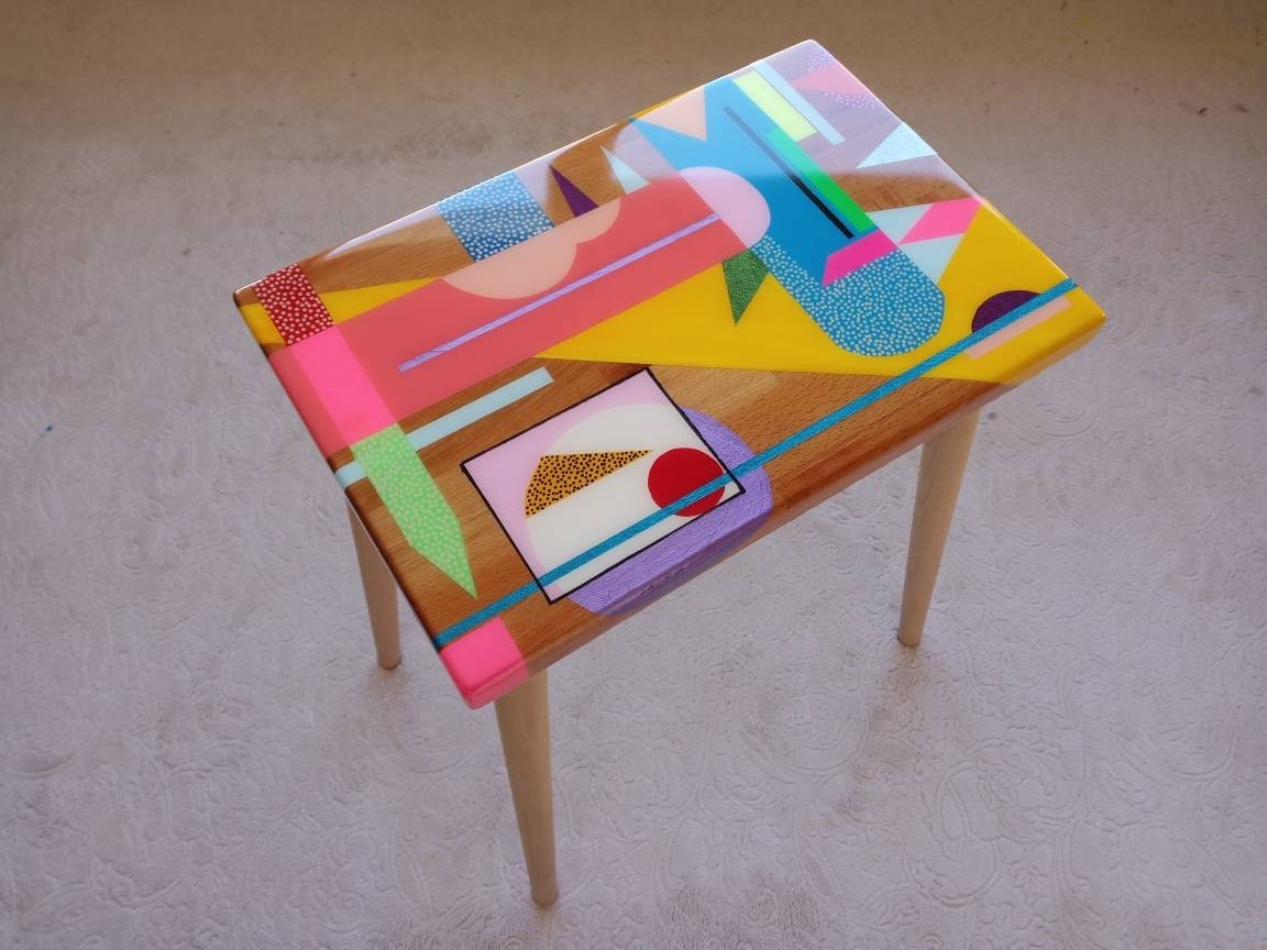 Wooden Resin Boho Side Funky Coffee Table, Modern Handmade Cool Bedside Living Room Entryway End Sofa Middle Colorful Abstract Small Table