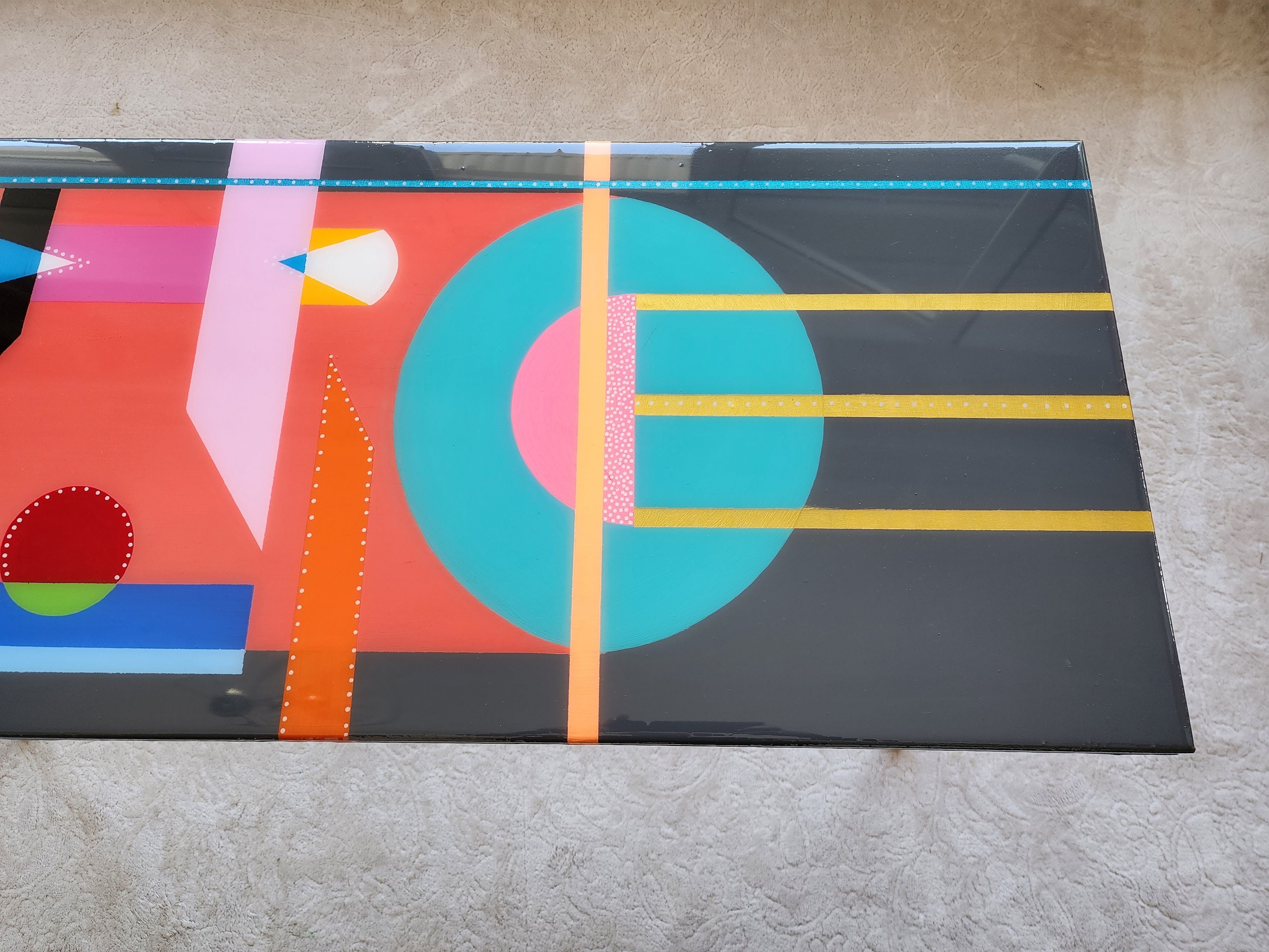 Unusual Colorful Abstract Funky Epoxy Resin Coffee Table, Modern Handmade Cool Eclectic Retro Boho Pop Art Black Pink Side End Center Table