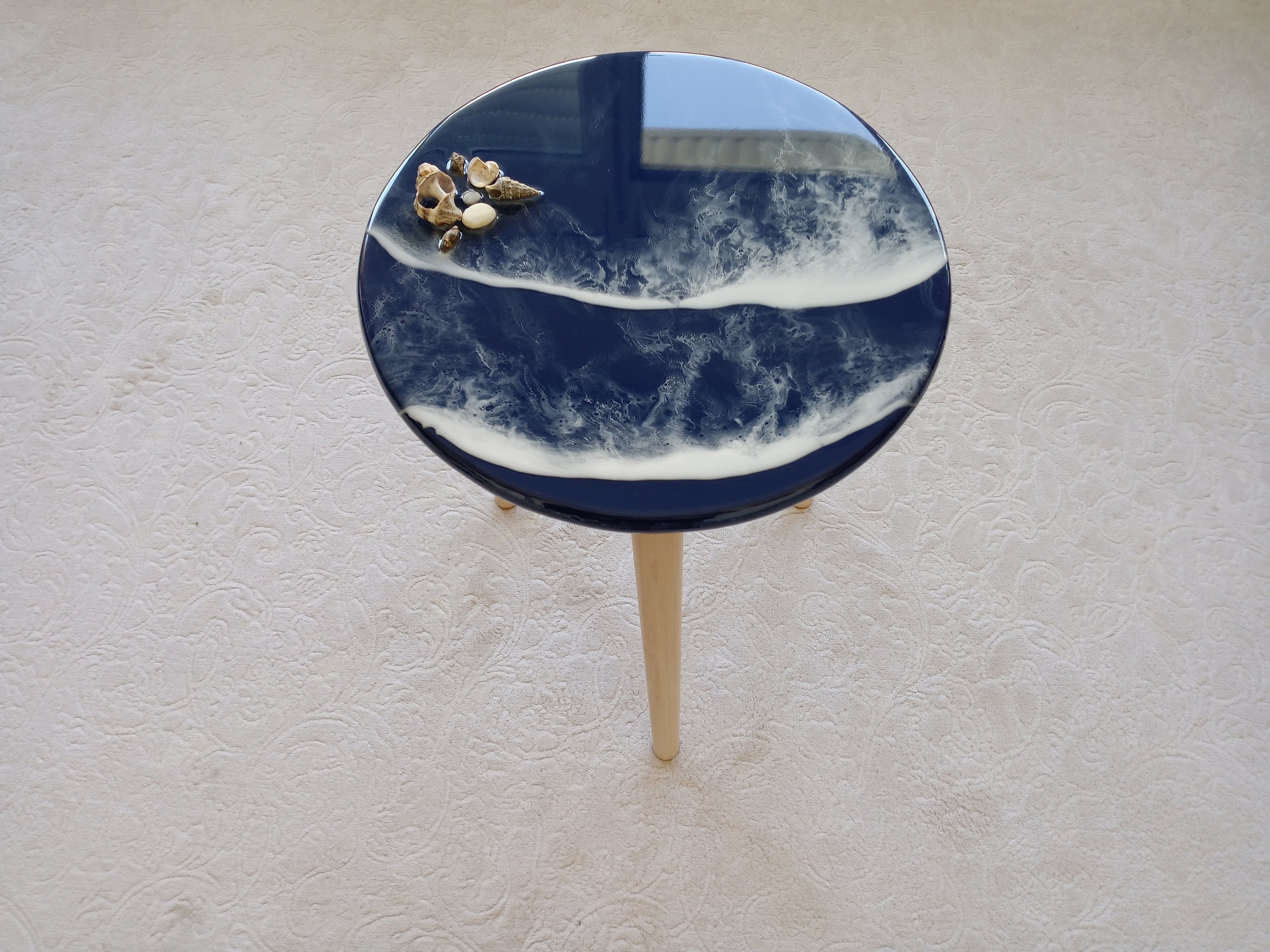 Dark Blue Ocean Wave Resin Side Coffee Table, Round Small Unique Beach House Decor,Living Room Bedside Natural Coastal Cool End Art Table