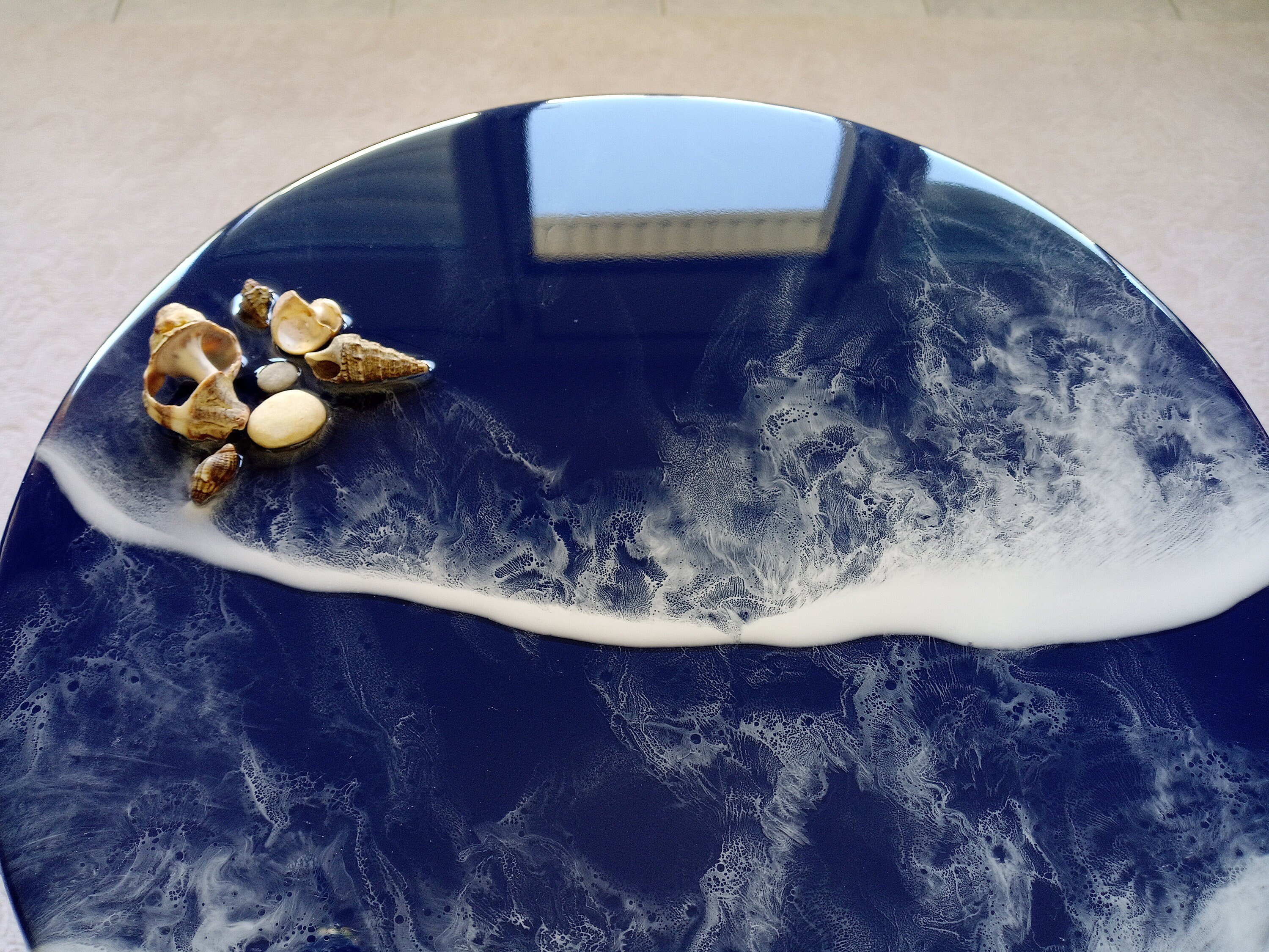 Dark Blue Ocean Wave Resin Side Coffee Table, Round Small Unique Beach House Decor,Living Room Bedside Natural Coastal Cool End Art Table