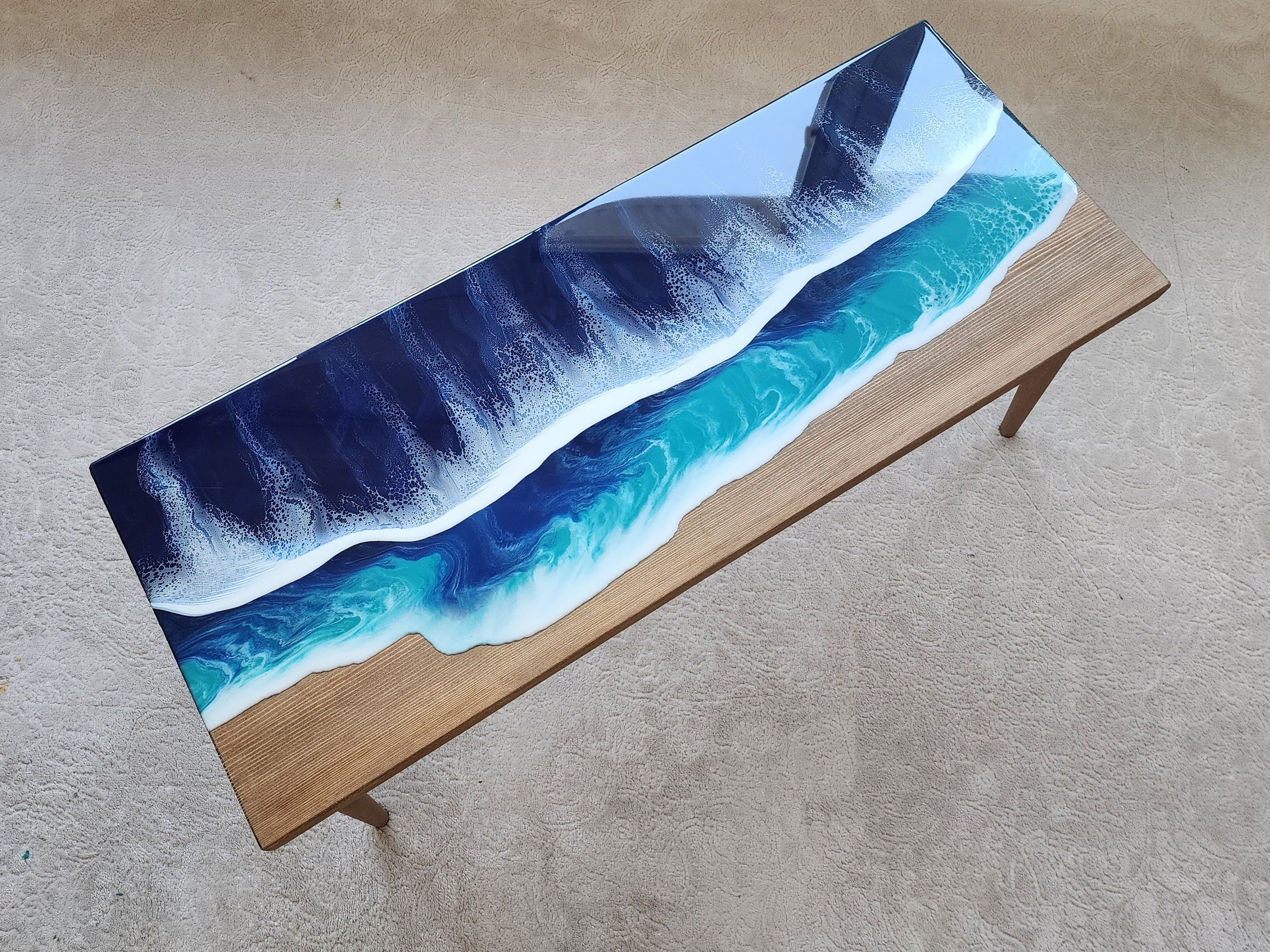 Natural Ocean Wave Blue Resin Beach Side Table, Wooden Sea Themed Living Room Bedroom Entryway Nautical Cool End Sofa Epoxy Art Coffee Table