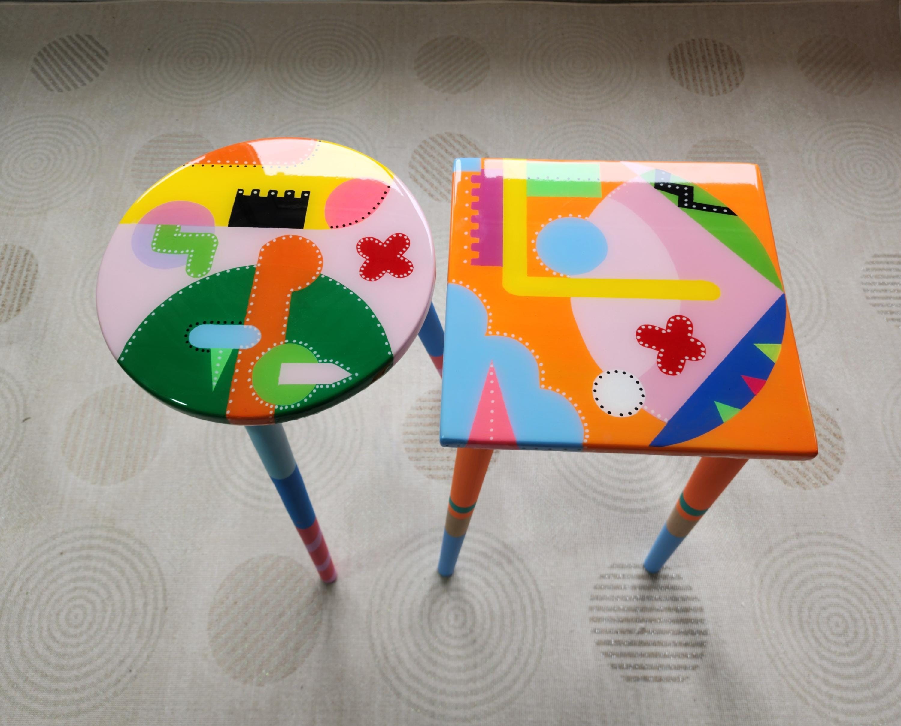 Colorful Funky Abstract Cool Furniture,Resin Side Coffee Tables Wooden Modern Pink Orange Acrylic Painted Quirky Bedside Cute Art Nightstand