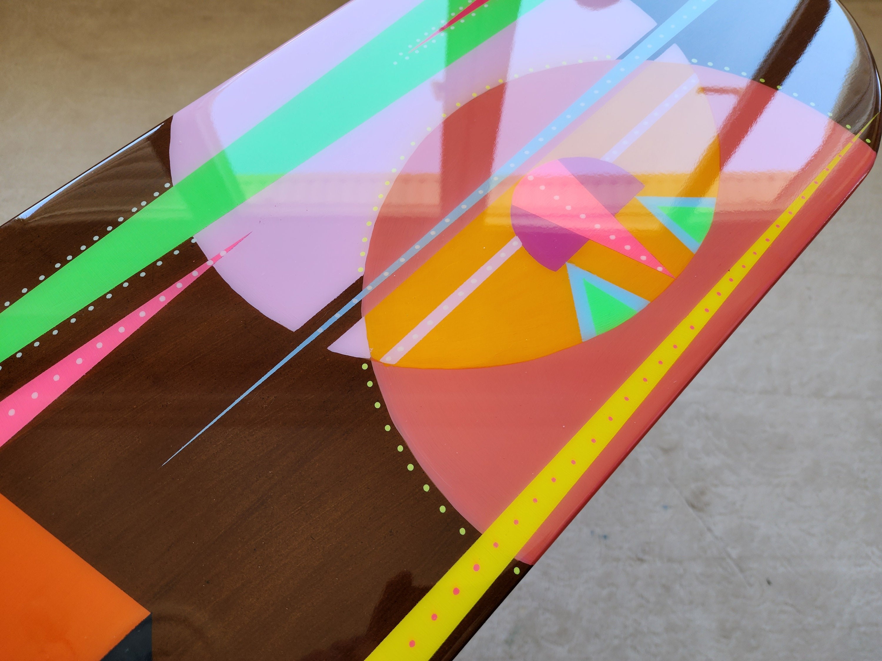 Oval Handmade Funky Colorful Resin Side Coffee Table,Wooden Retro Vintage Abstract Painted Pop Art Living Room Cool Pink Brown Unusual Table